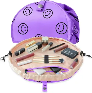 Drawstring Makeup Bag Open Lay Flat,Large Capacity Cosmetic Bag For Women Purse With Compartments,Travel Toiletry Bag Accessories Organize (purple)