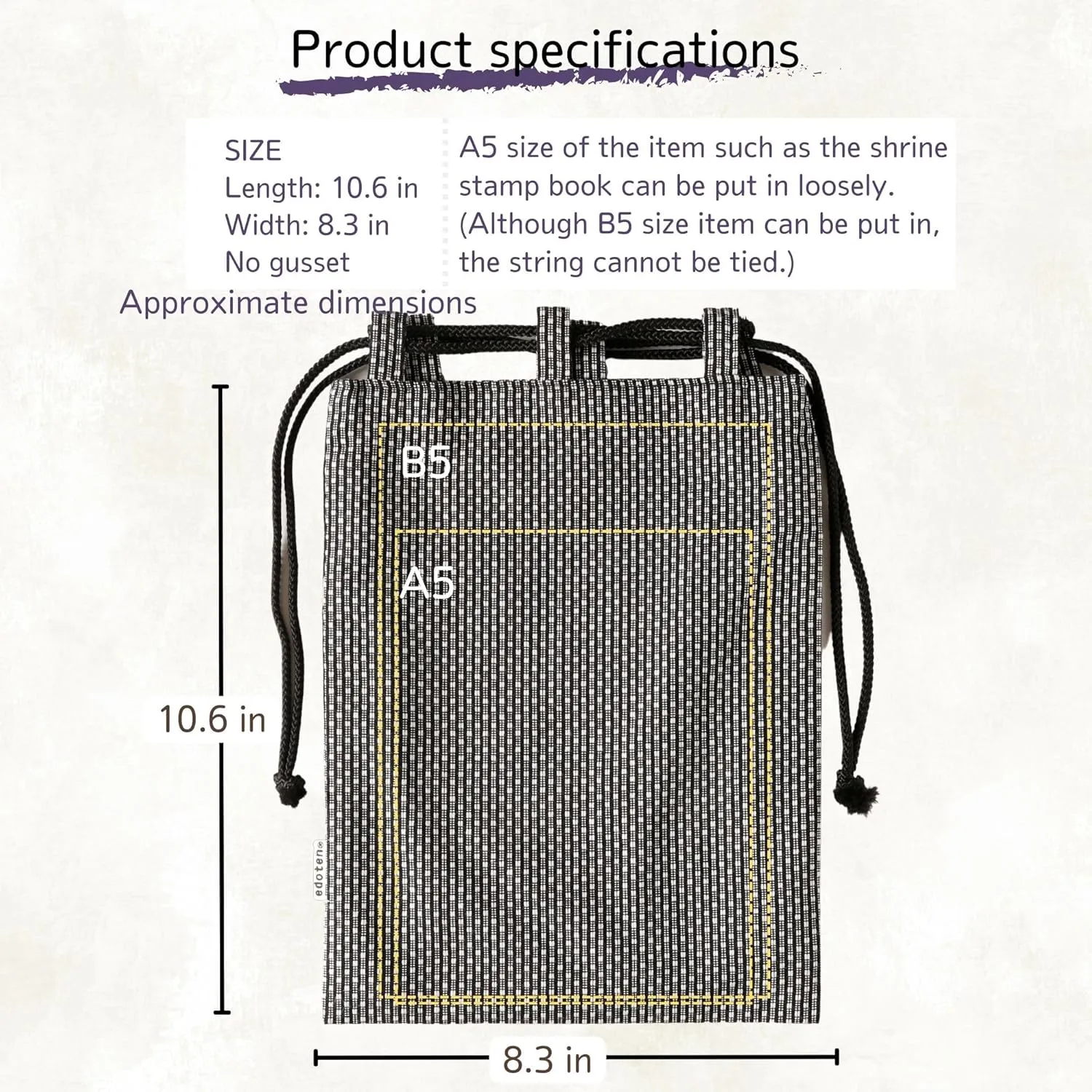 drawstring pouch cloth bag cotton 100% Sashiko fabric shrine stamp book bag inner pocket men's ladies'
