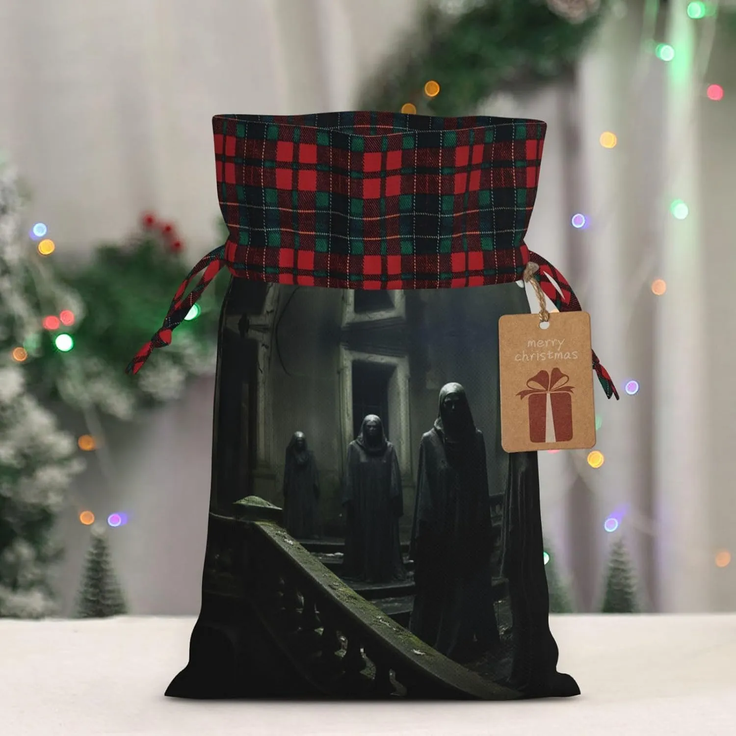 DRTGEDS Haunted Mansions 1pcs Christmas Drawstring Tote 8.3x11.8in,Robust Bag For Gifts And Everyday Used Essentials