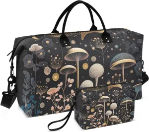 Duffel Bag Set for Travel Gym Sport, Weekender Bag Carry on Overnight Bag for Women Men-Mystical Mushrooms Print