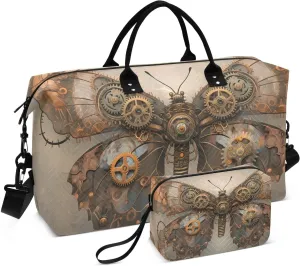 Duffel Bag Set for Travel Gym Sport, Weekender Bag Carry on Overnight Bags for Women Men-Butterfly Steampunk Print