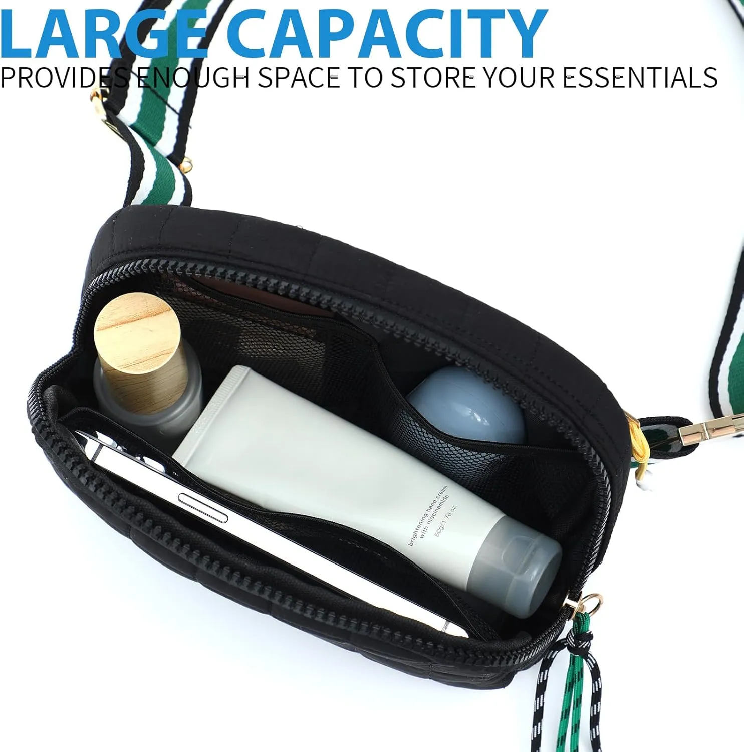 DYSHAYEN Quilted Belt Bag Fanny Pack Crossbody Bag for Women Everywhere Belt Bag with Stripe Strap,Fashion Waist Bag for Workout Running Traveling Hiking (Black)