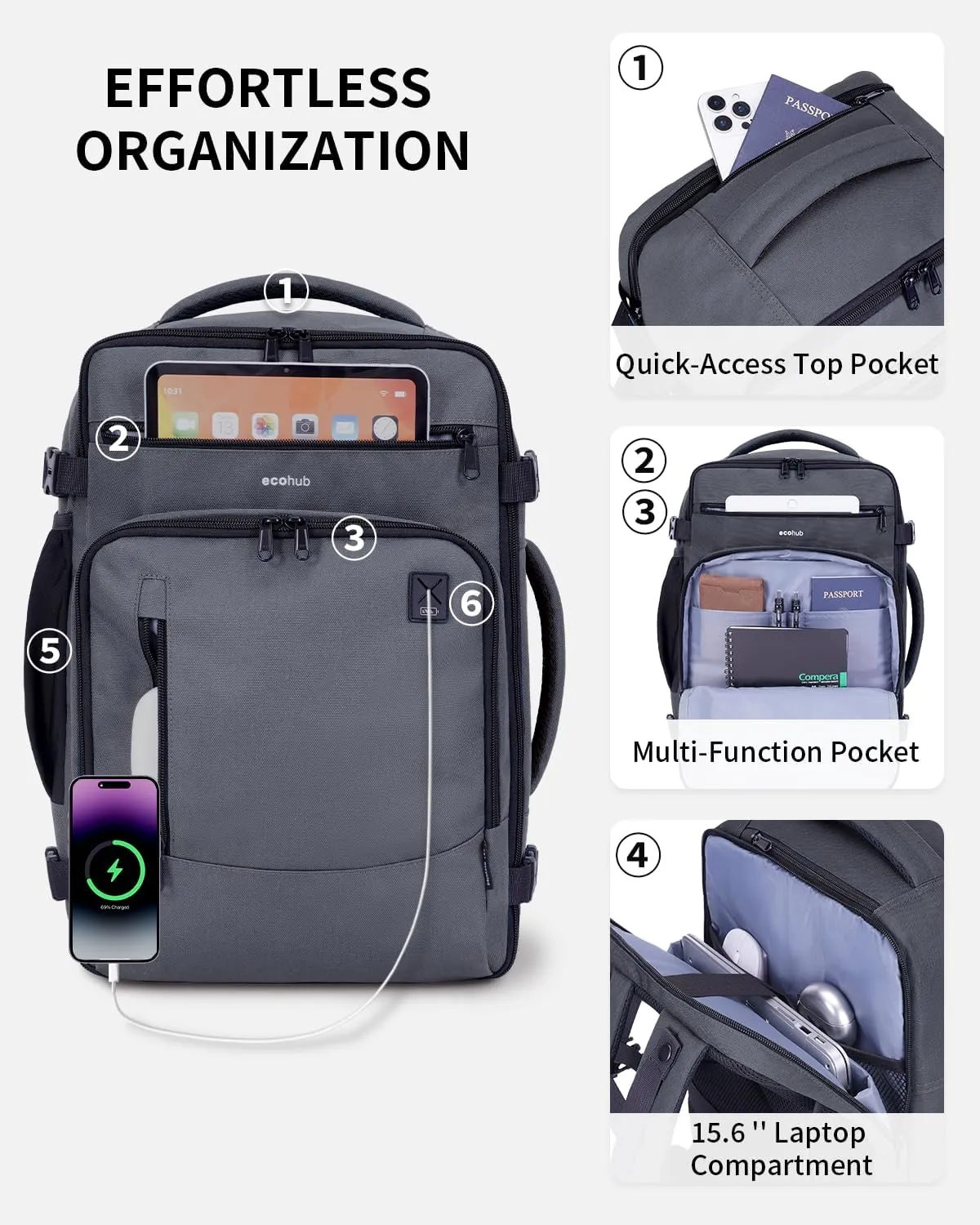 ECOHUB 17" Small Travel Backpack, United Airlines Personal Item Bag 17x10x9 with 16 Pockets, Water Resistant Rucksacks Fit 15.6" Laptop, AirTag Pocket, Lightweight Casual Daypack, 25L, Grey Green