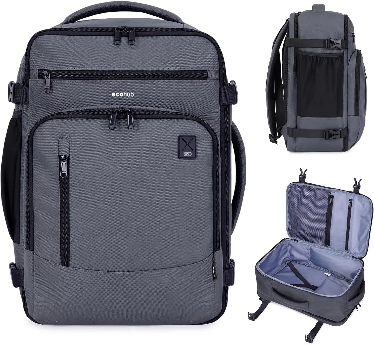 ECOHUB 17" Small Travel Backpack, United Airlines Personal Item Bag 17x10x9 with 16 Pockets, Water Resistant Rucksacks Fit 15.6" Laptop, AirTag Pocket, Lightweight Casual Daypack, 25L, Grey Green