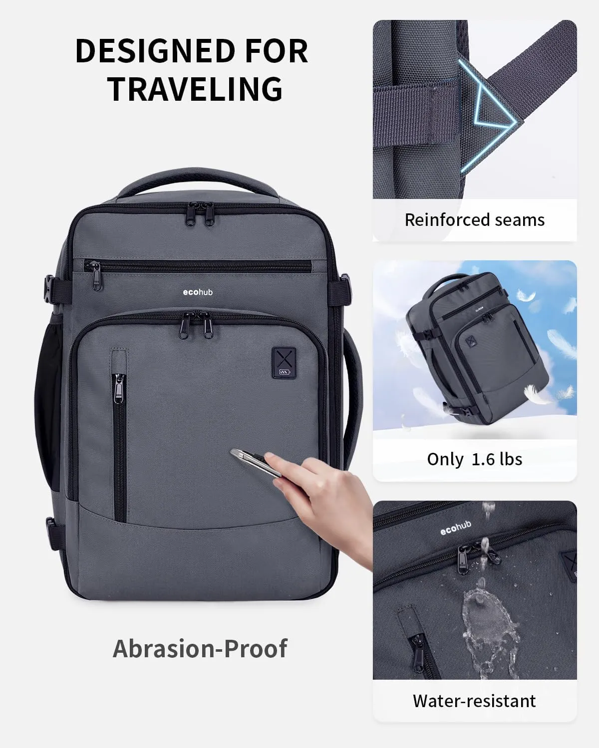 ECOHUB 17" Small Travel Backpack, United Airlines Personal Item Bag 17x10x9 with 16 Pockets, Water Resistant Rucksacks Fit 15.6" Laptop, AirTag Pocket, Lightweight Casual Daypack, 25L, Grey Green