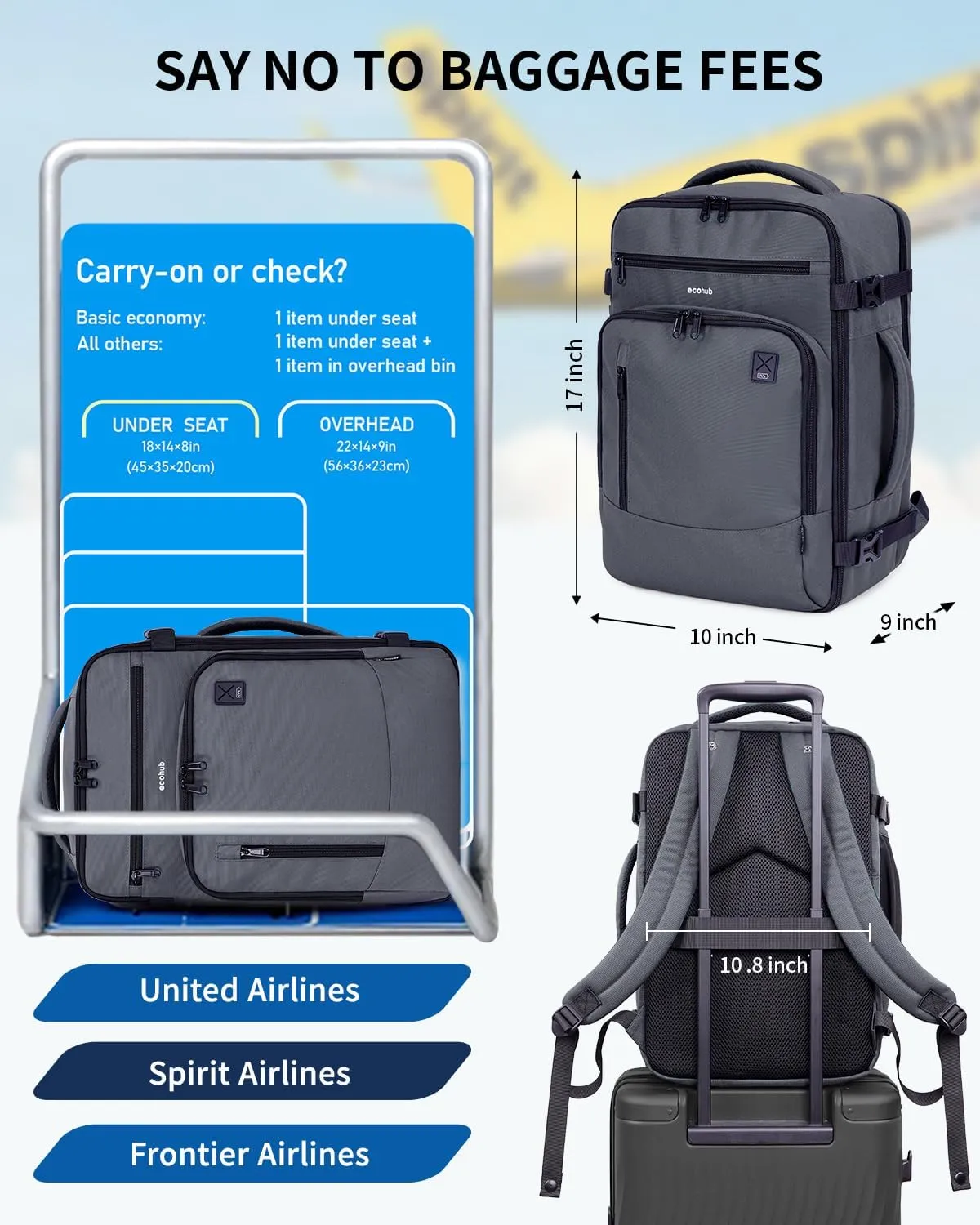 ECOHUB 17" Small Travel Backpack, United Airlines Personal Item Bag 17x10x9 with 16 Pockets, Water Resistant Rucksacks Fit 15.6" Laptop, AirTag Pocket, Lightweight Casual Daypack, 25L, Grey Green
