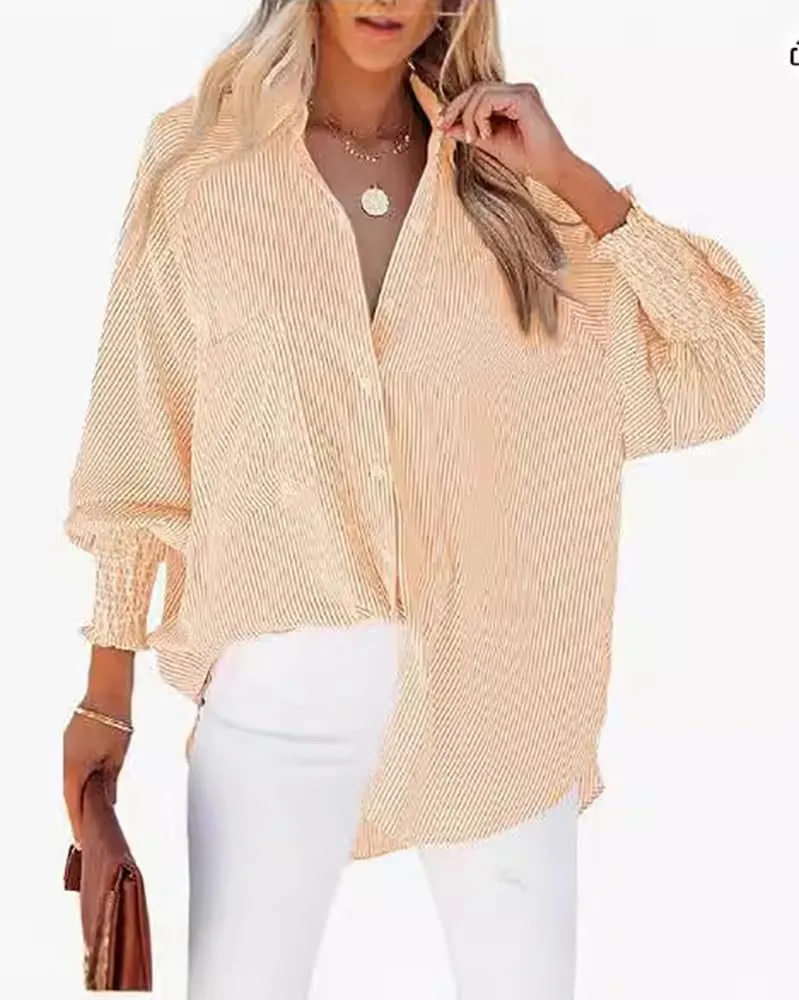 Elvessa Ethereal Stripe Blouse with Pockets - Womens Smocked Cuffed Striped Boyfriend Shirt, Button Down Shirts