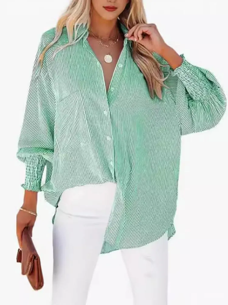 Elvessa Ethereal Stripe Blouse with Pockets - Womens Smocked Cuffed Striped Boyfriend Shirt, Button Down Shirts