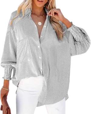 Elvessa Ethereal Stripe Blouse with Pockets - Womens Smocked Cuffed Striped Boyfriend Shirt, Button Down Shirts