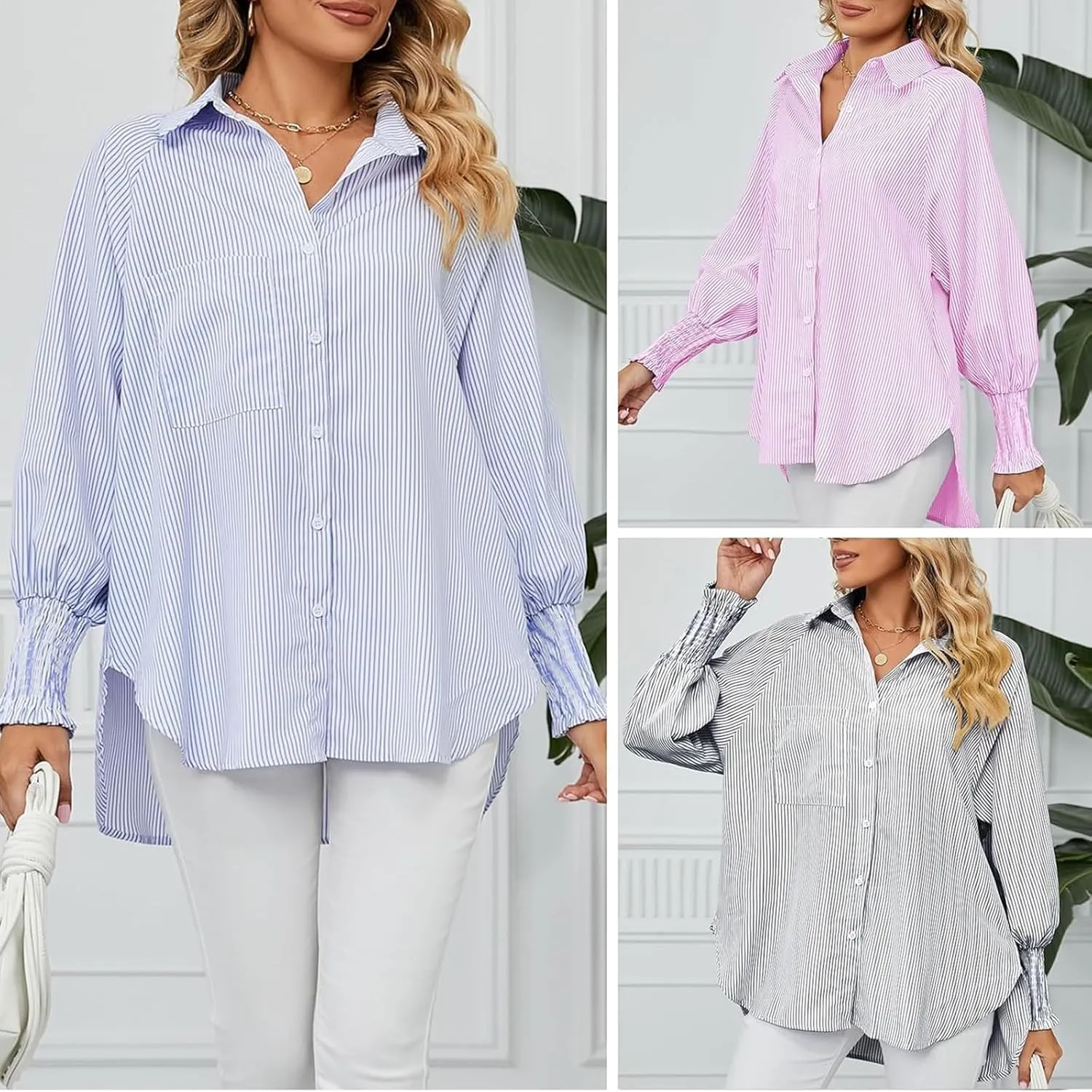 Elvessa Ethereal Stripe Blouse with Pockets - Womens Smocked Cuffed Striped Boyfriend Shirt, Button Down Shirts
