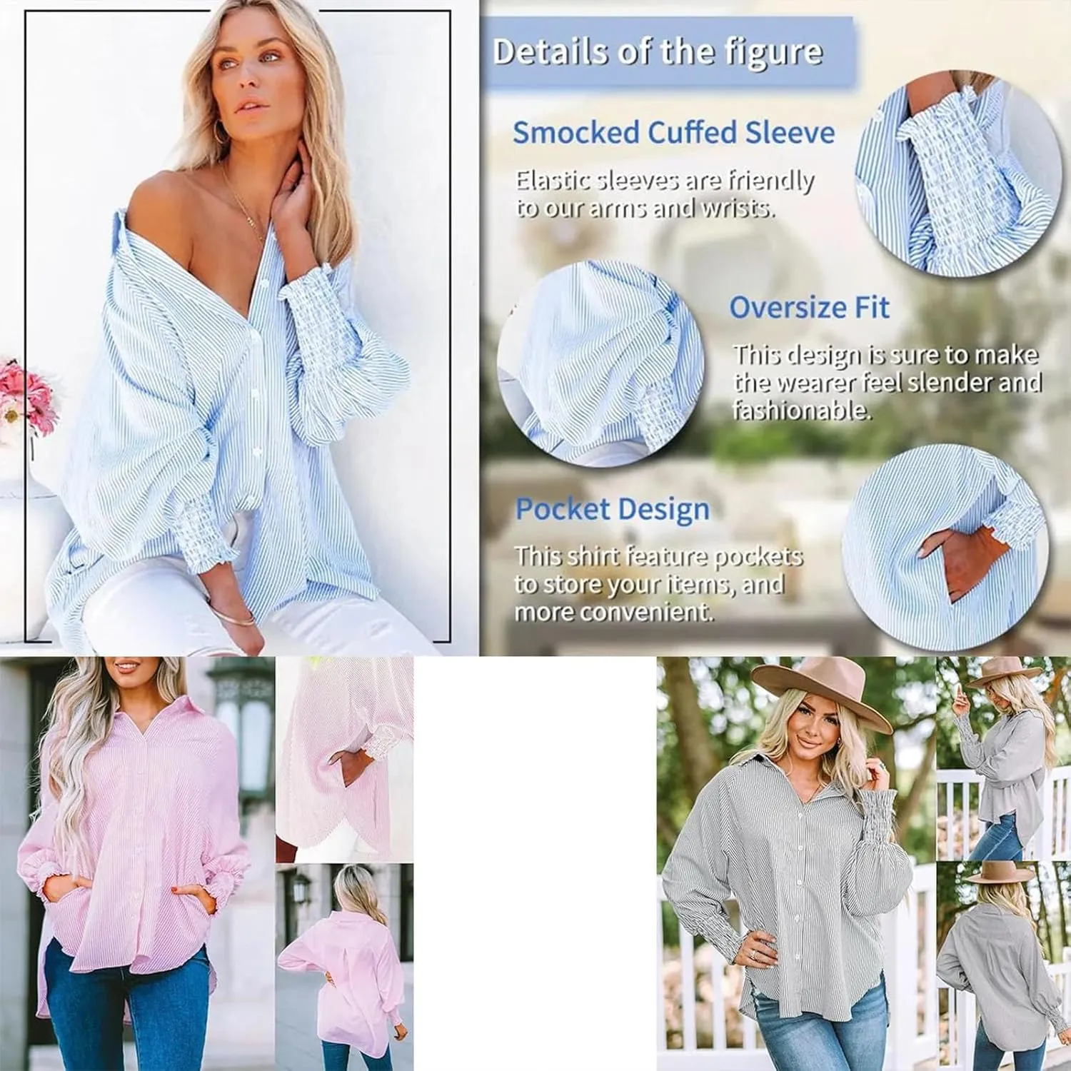 Elvessa Ethereal Stripe Blouse with Pockets - Womens Smocked Cuffed Striped Boyfriend Shirt, Button Down Shirts