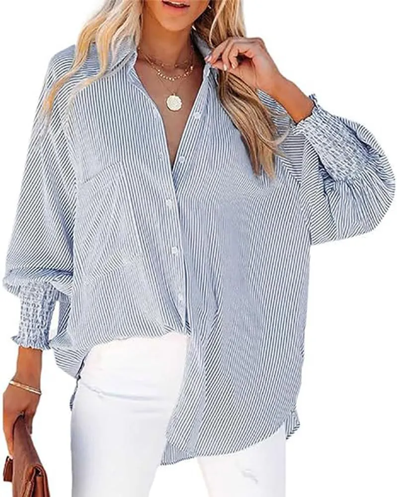 Elvessa Ethereal Stripe Blouse with Pockets - Womens Smocked Cuffed Striped Boyfriend Shirt, Button Down Shirts