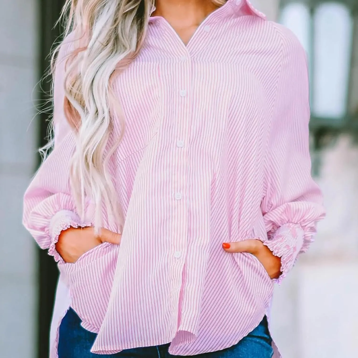 Elvessa Ethereal Stripe Blouse with Pockets - Womens Smocked Cuffed Striped Boyfriend Shirt, Button Down Shirts