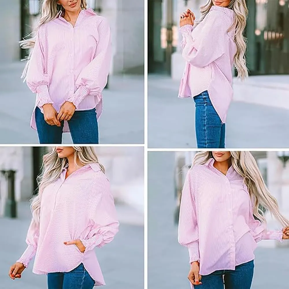 Elvessa Ethereal Stripe Blouse with Pockets - Womens Smocked Cuffed Striped Boyfriend Shirt, Button Down Shirts