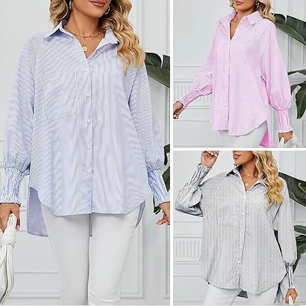 Elvessa Ethereal Stripe Blouse with Pockets - Womens Smocked Cuffed Striped Boyfriend Shirt, Button Down Shirts