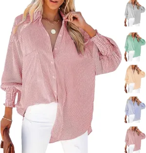 Elvessa Ethereal Stripe Blouse with Pockets - Womens Smocked Cuffed Striped Boyfriend Shirt, Button Down Shirts