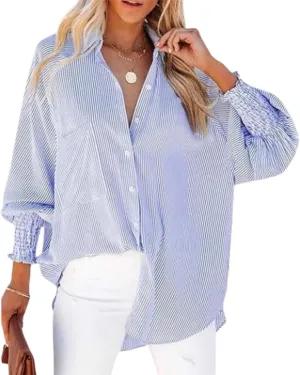 Elvessa Ethereal Stripe Blouse with Pockets - Womens Smocked Cuffed Striped Boyfriend Shirt, Button Down Shirts