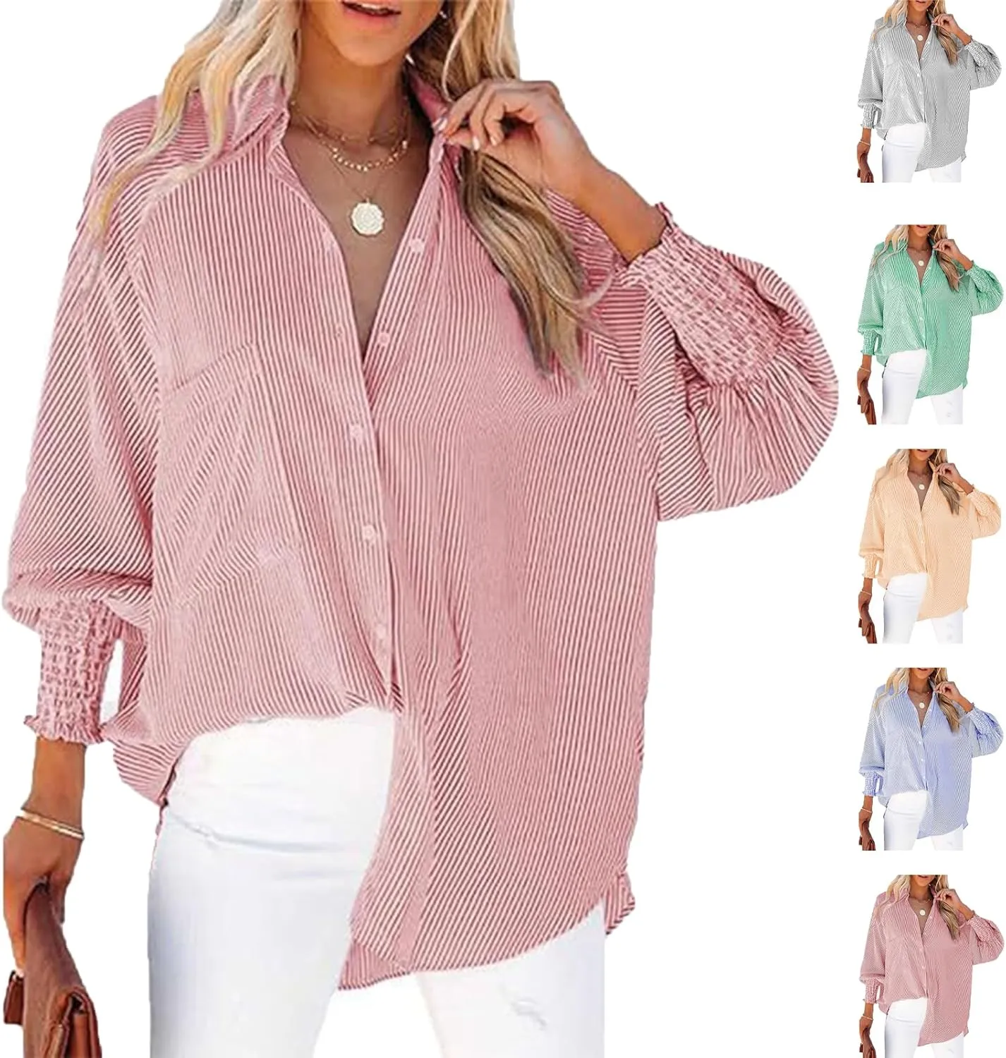 Elvessa Ethereal Stripe Blouse with Pockets - Womens Smocked Cuffed Striped Boyfriend Shirt, Button Down Shirts
