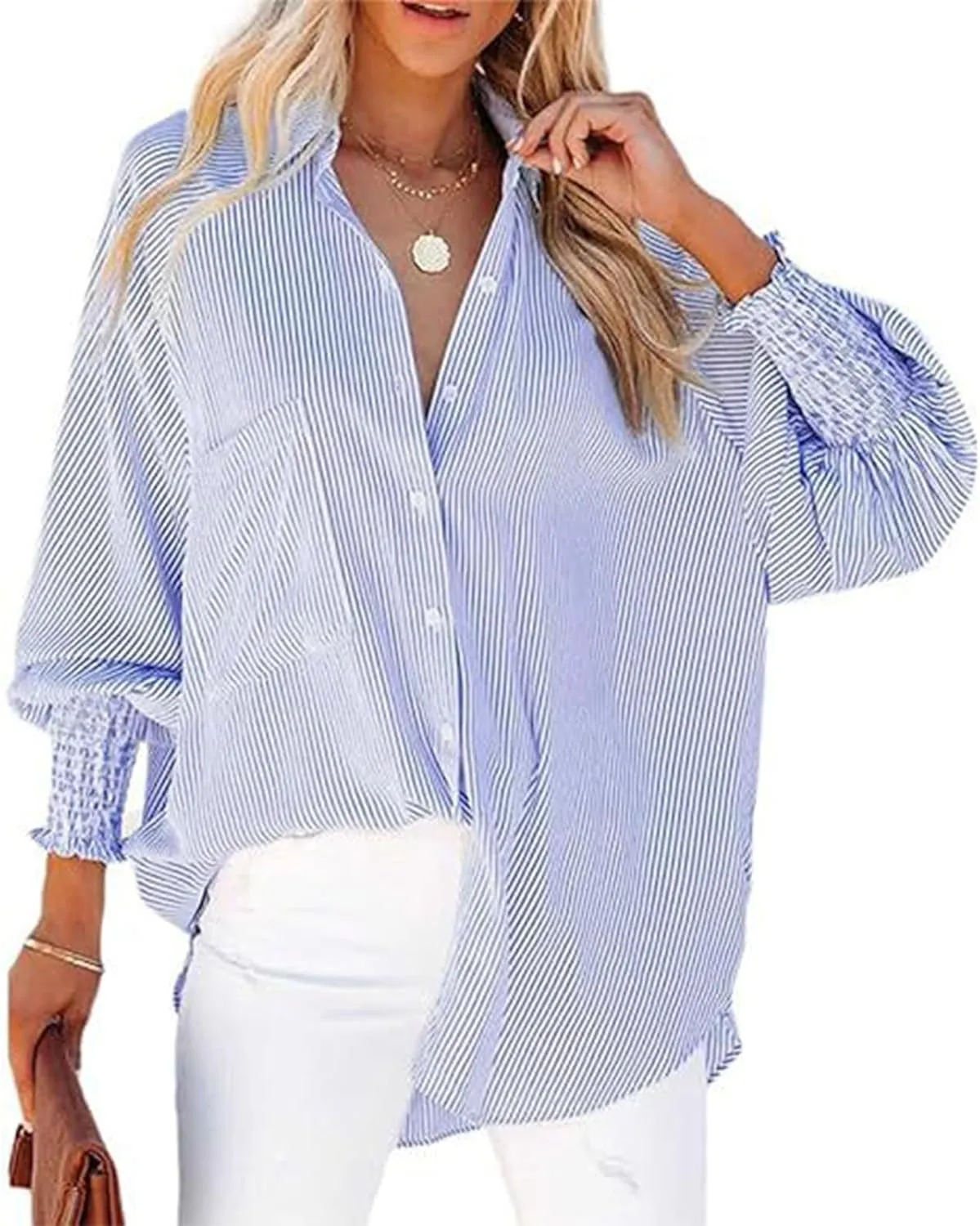 Elvessa Ethereal Stripe Blouse with Pockets - Womens Smocked Cuffed Striped Boyfriend Shirt, Button Down Shirts
