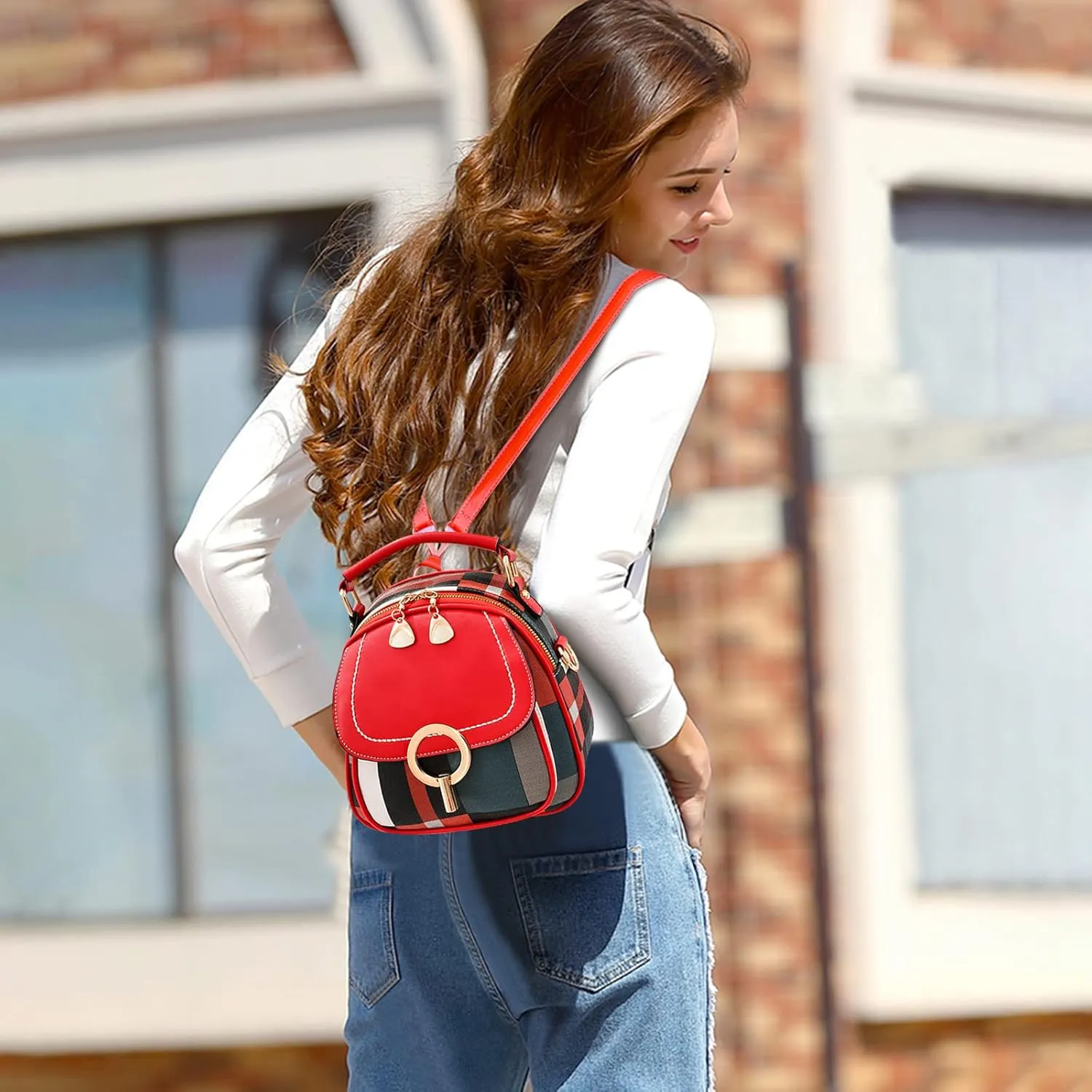Ergocar Women's Fashion Backpack Purse, Anti-theft Convertible Tote Backpack for Women, Plaid PU Leather Casual Daypack for Girls Shoulder Bag, Ladies Small Travel Purse, Red