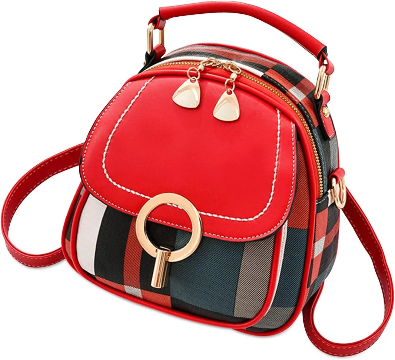 Ergocar Women's Fashion Backpack Purse, Anti-theft Convertible Tote Backpack for Women, Plaid PU Leather Casual Daypack for Girls Shoulder Bag, Ladies Small Travel Purse, Red