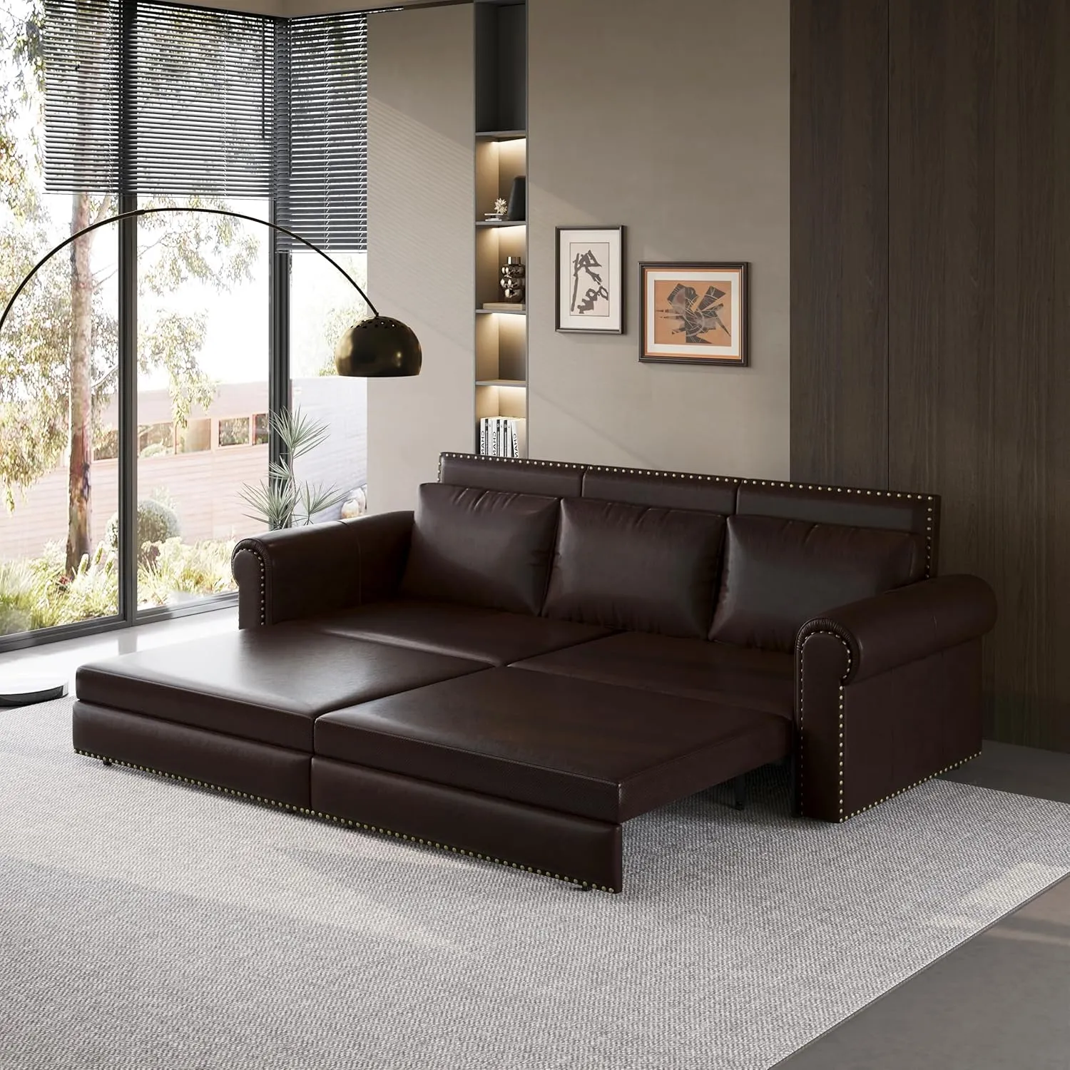 ERYE 3 in 1 King Convertible Sofabed Modern 3 Seater Sofa Couch W/Pull Out Sleeper Couch Bed and Nailhead Decor, King Size Sleeper Sofa Bed Faux Leather Upholstered Lounge Daybed for Living Room