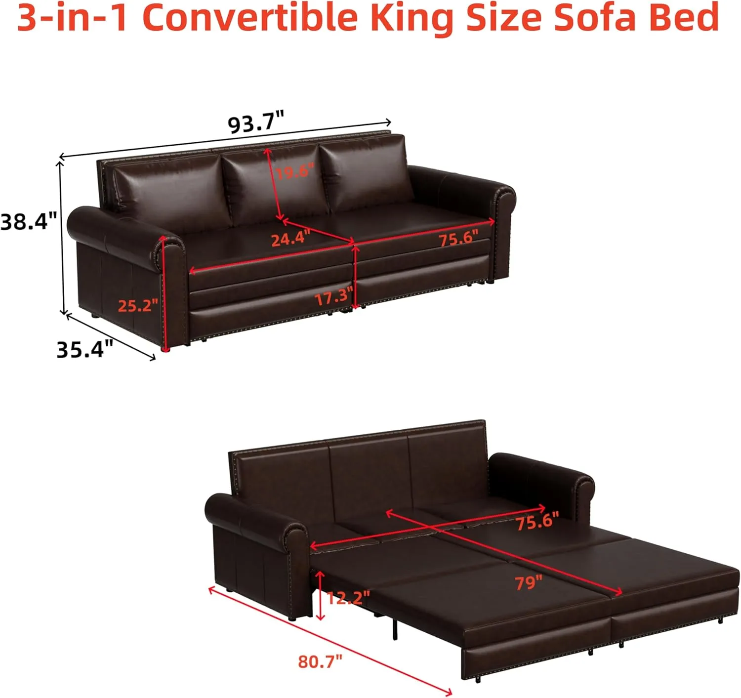 ERYE 3 in 1 King Convertible Sofabed Modern 3 Seater Sofa Couch W/Pull Out Sleeper Couch Bed and Nailhead Decor, King Size Sleeper Sofa Bed Faux Leather Upholstered Lounge Daybed for Living Room