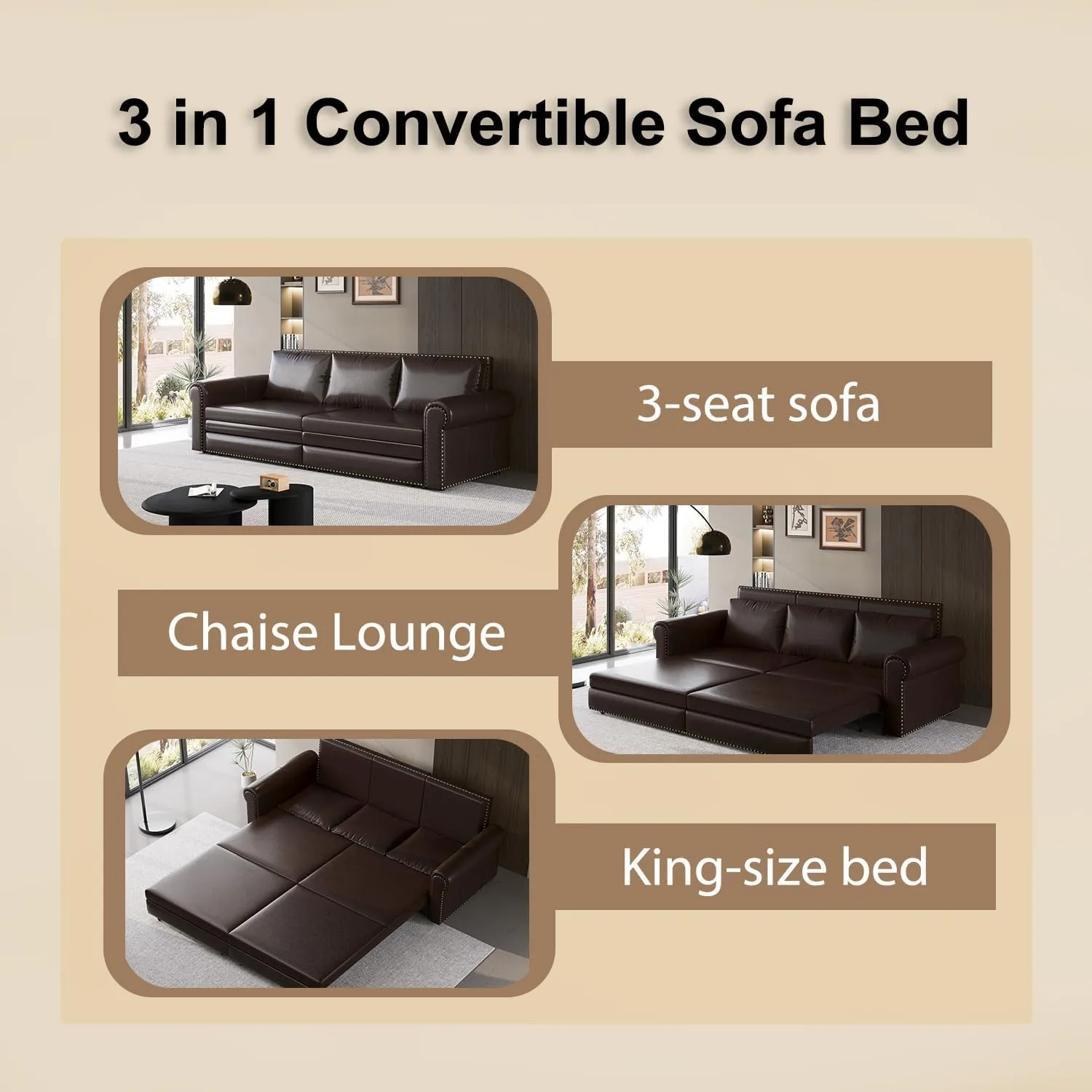 ERYE 3 in 1 King Convertible Sofabed Modern 3 Seater Sofa Couch W/Pull Out Sleeper Couch Bed and Nailhead Decor, King Size Sleeper Sofa Bed Faux Leather Upholstered Lounge Daybed for Living Room