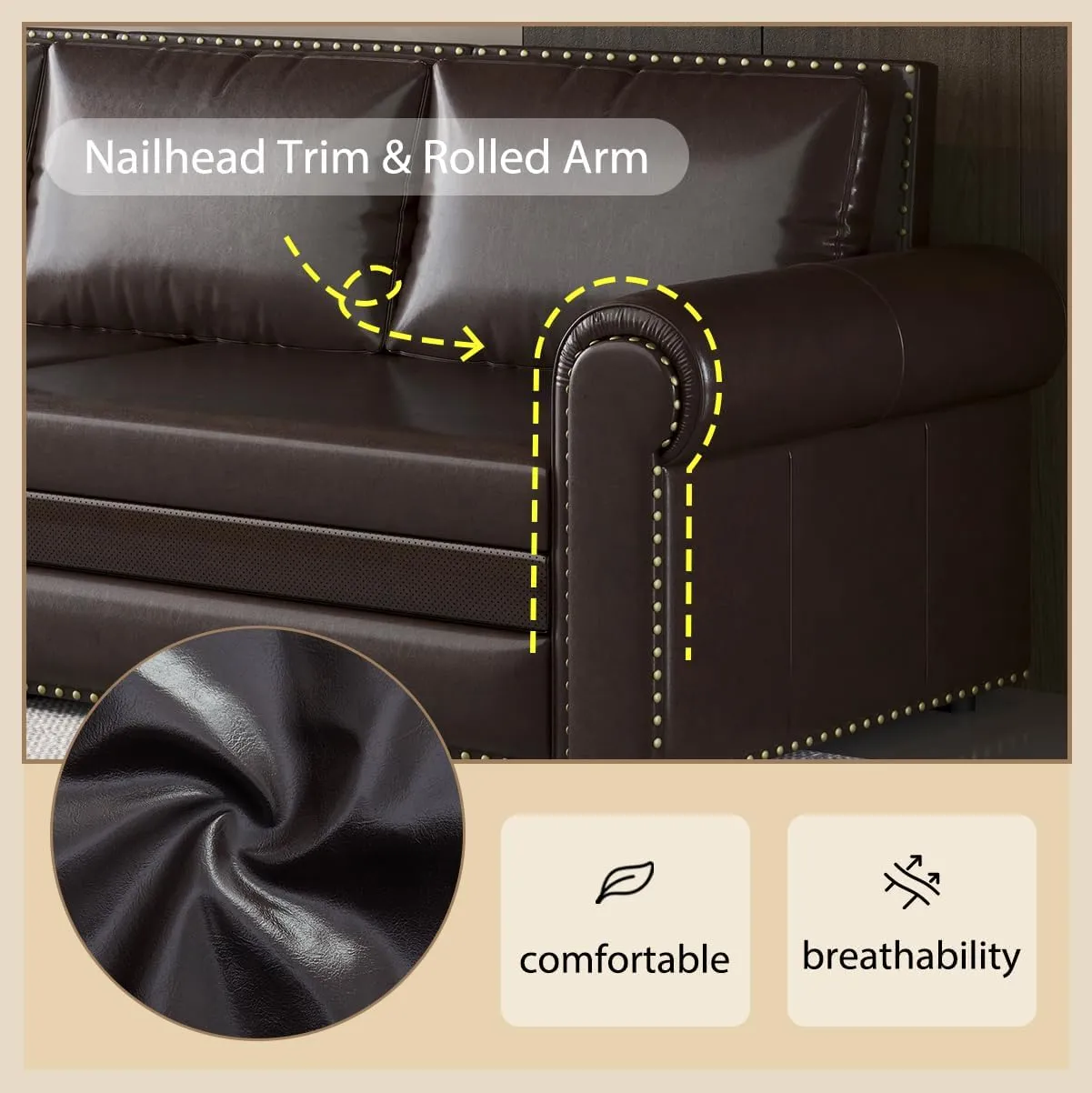ERYE 3 in 1 King Convertible Sofabed Modern 3 Seater Sofa Couch W/Pull Out Sleeper Couch Bed and Nailhead Decor, King Size Sleeper Sofa Bed Faux Leather Upholstered Lounge Daybed for Living Room