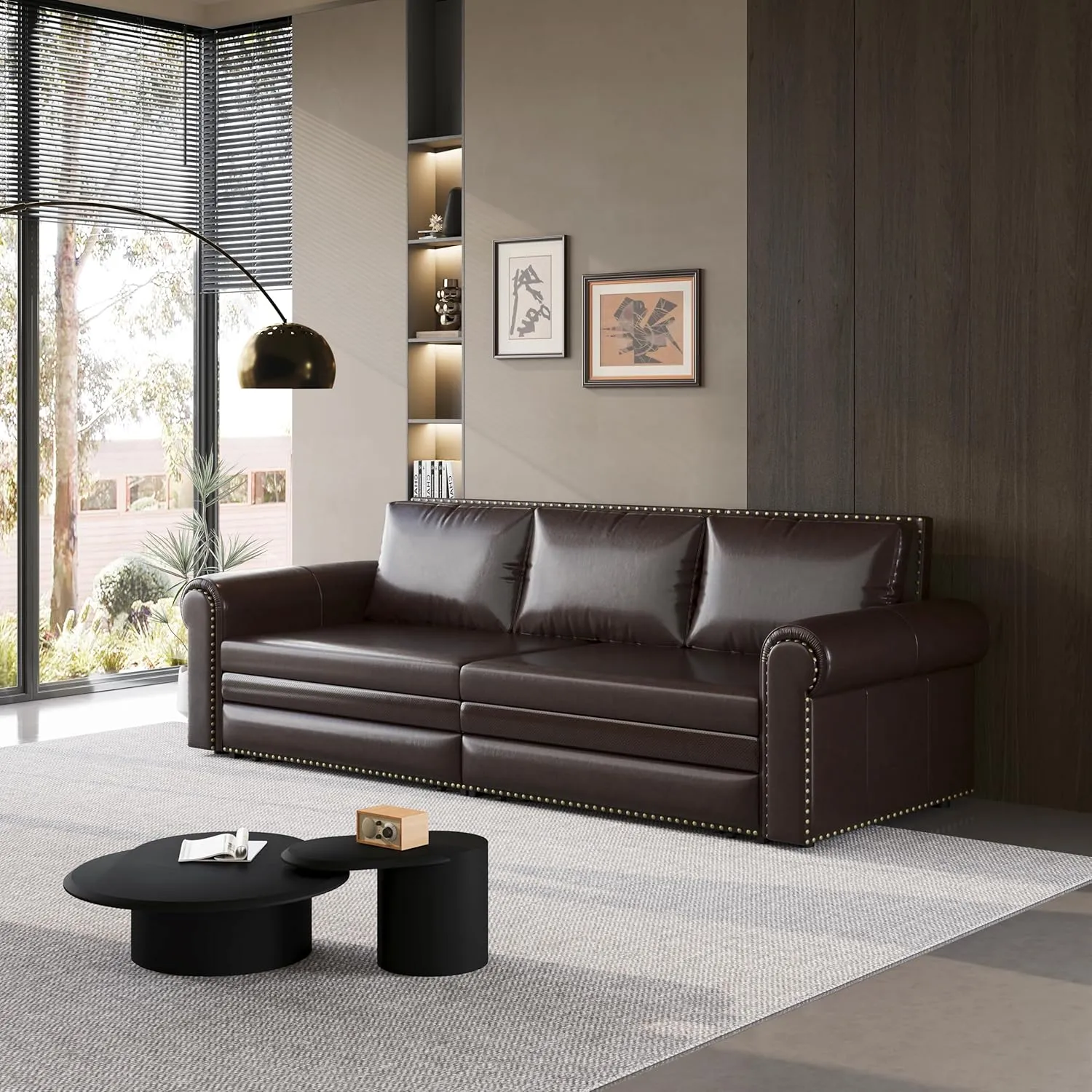ERYE 3 in 1 King Convertible Sofabed Modern 3 Seater Sofa Couch W/Pull Out Sleeper Couch Bed and Nailhead Decor, King Size Sleeper Sofa Bed Faux Leather Upholstered Lounge Daybed for Living Room