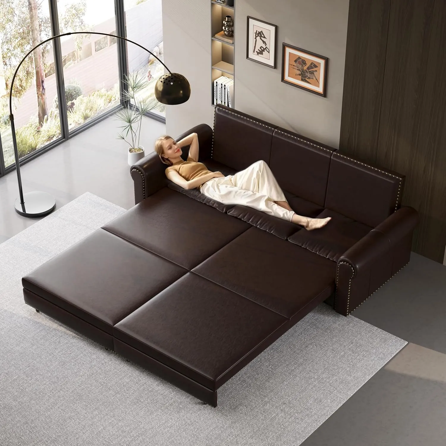 ERYE 3 in 1 King Convertible Sofabed Modern 3 Seater Sofa Couch W/Pull Out Sleeper Couch Bed and Nailhead Decor, King Size Sleeper Sofa Bed Faux Leather Upholstered Lounge Daybed for Living Room