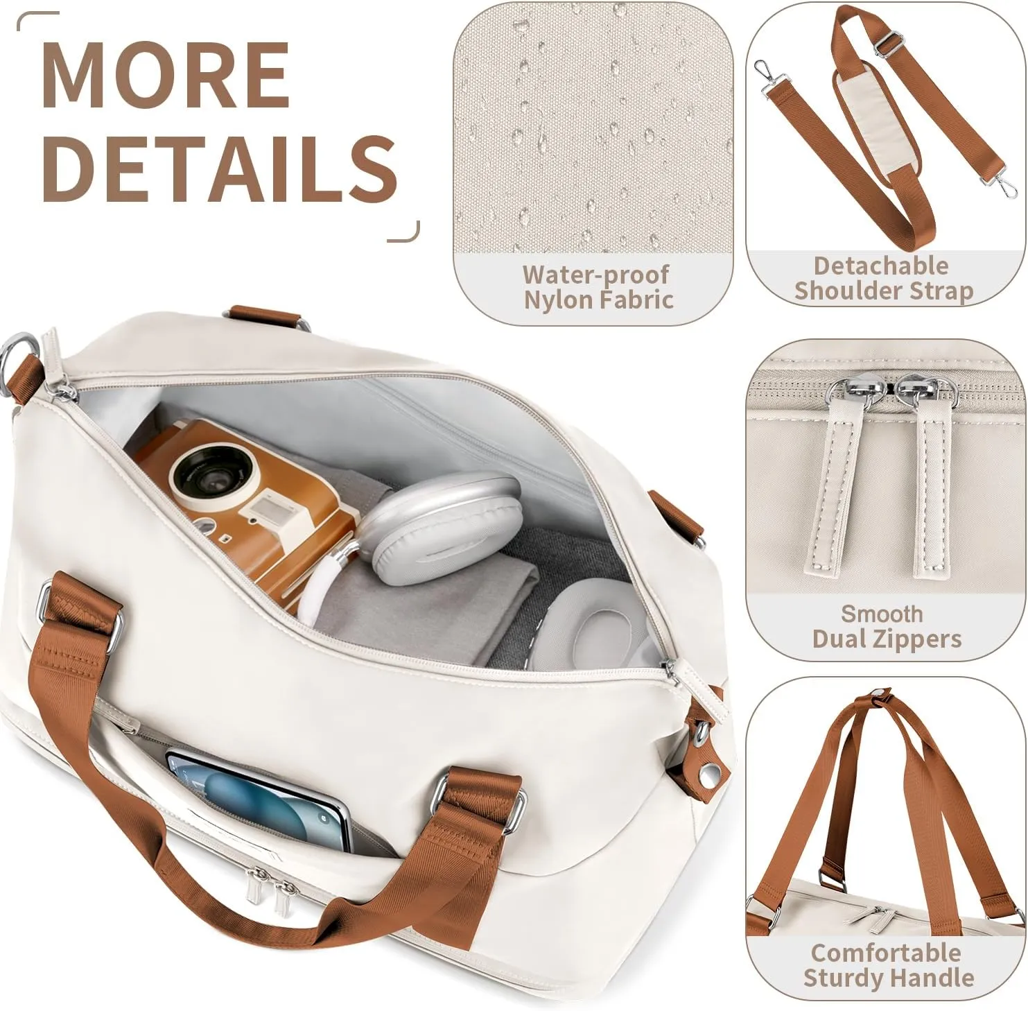 ETRONIK Weekender Bags for Women, Gym Bag with Shoes Compartment & Wet Pocket, Travel Duffel Bag with Trolley Sleeve for Personal Item Travel, Overnight Carry on Bag, Beige