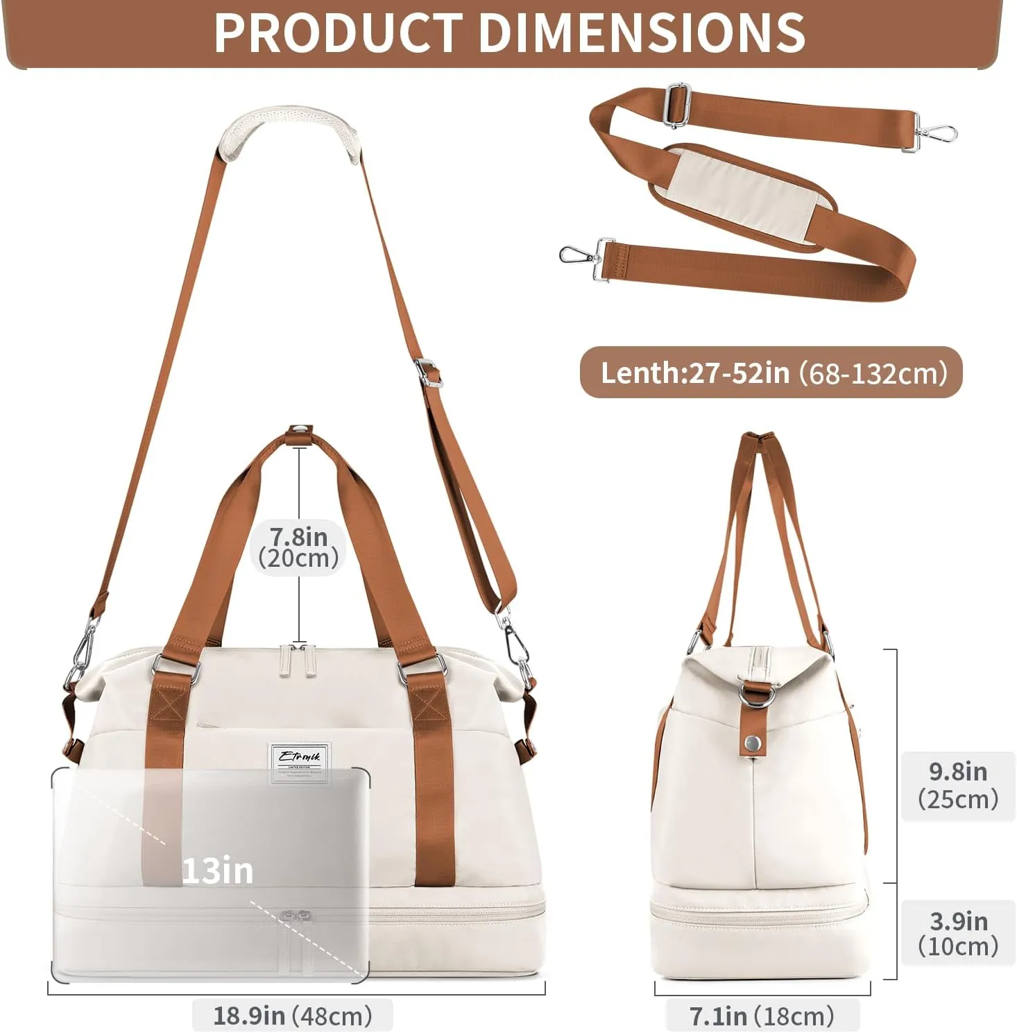 ETRONIK Weekender Bags for Women, Gym Bag with Shoes Compartment & Wet Pocket, Travel Duffel Bag with Trolley Sleeve for Personal Item Travel, Overnight Carry on Bag, Beige