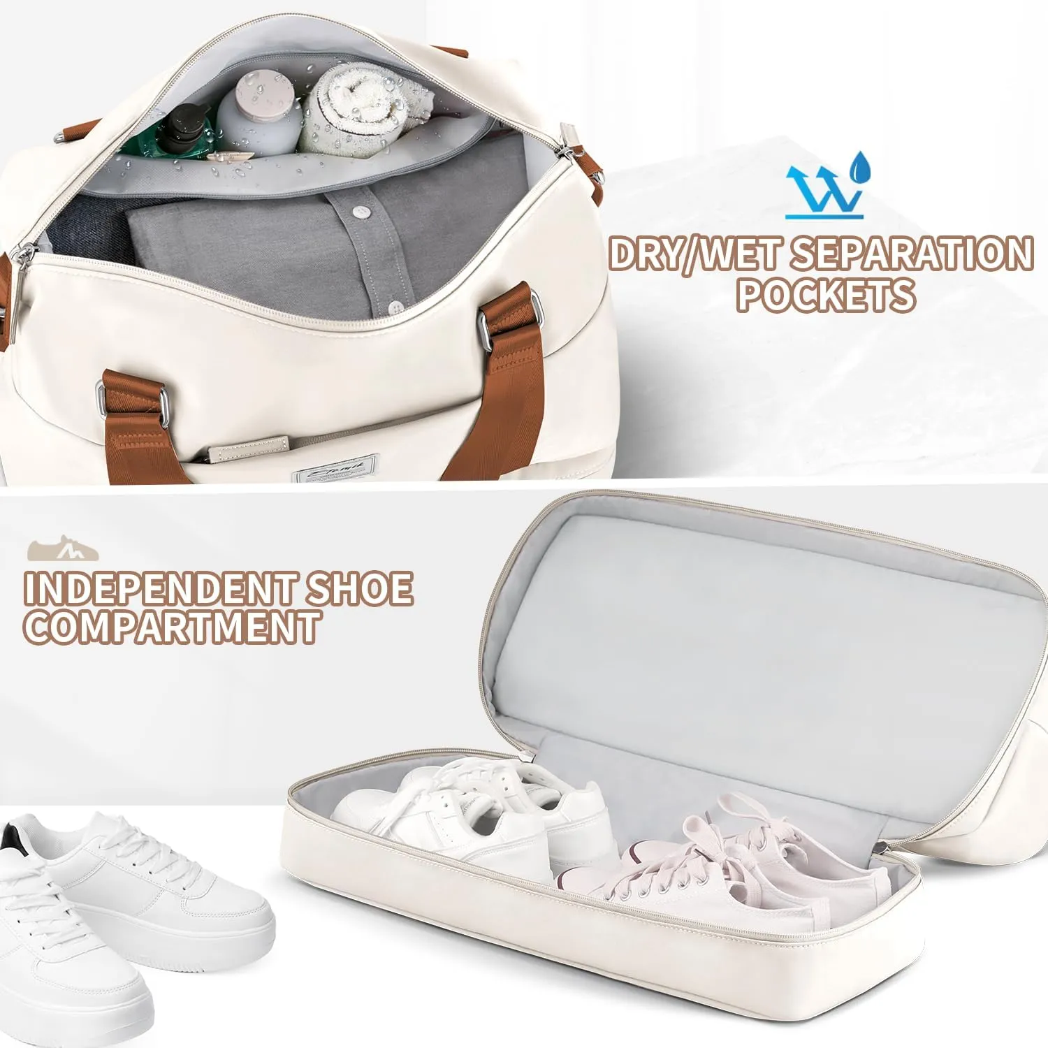ETRONIK Weekender Bags for Women, Gym Bag with Shoes Compartment & Wet Pocket, Travel Duffel Bag with Trolley Sleeve for Personal Item Travel, Overnight Carry on Bag, Beige