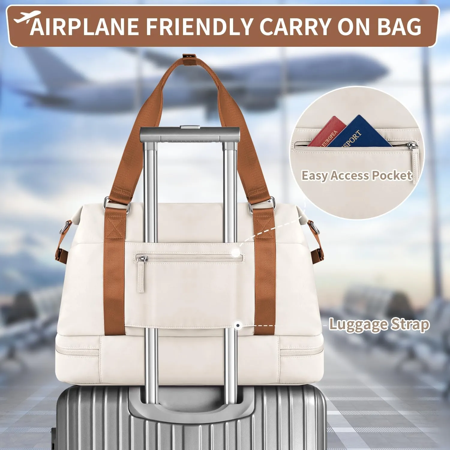 ETRONIK Weekender Bags for Women, Gym Bag with Shoes Compartment & Wet Pocket, Travel Duffel Bag with Trolley Sleeve for Personal Item Travel, Overnight Carry on Bag, Beige