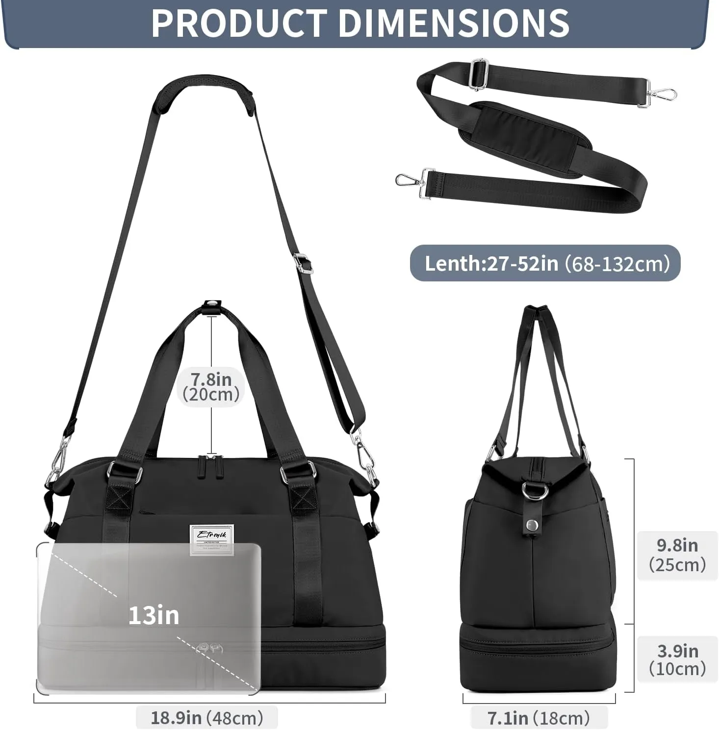 ETRONIK Weekender Bags for Women, Gym Bag with Shoes Compartment & Wet Pocket, Travel Duffel Bag with Trolley Sleeve for Personal Item Travel, Overnight Carry on Bag, Black