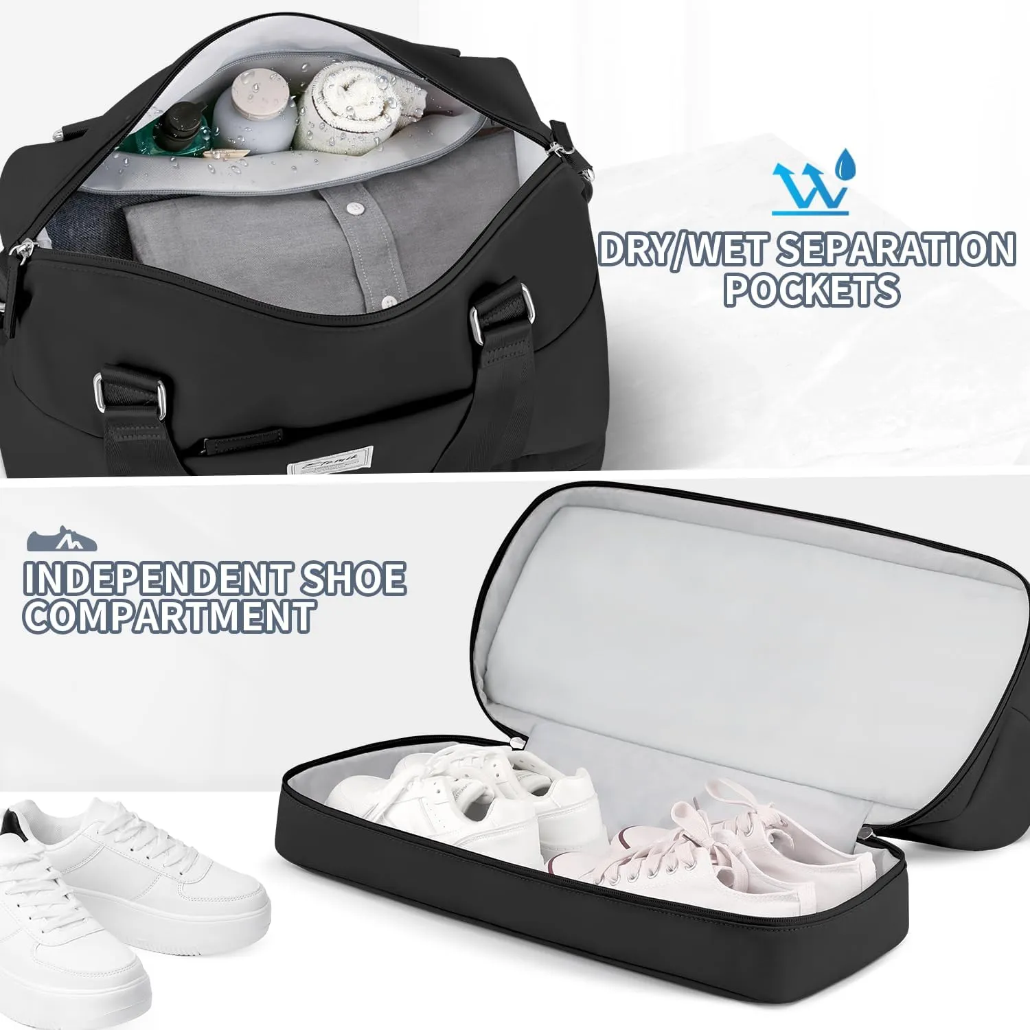 ETRONIK Weekender Bags for Women, Gym Bag with Shoes Compartment & Wet Pocket, Travel Duffel Bag with Trolley Sleeve for Personal Item Travel, Overnight Carry on Bag, Black