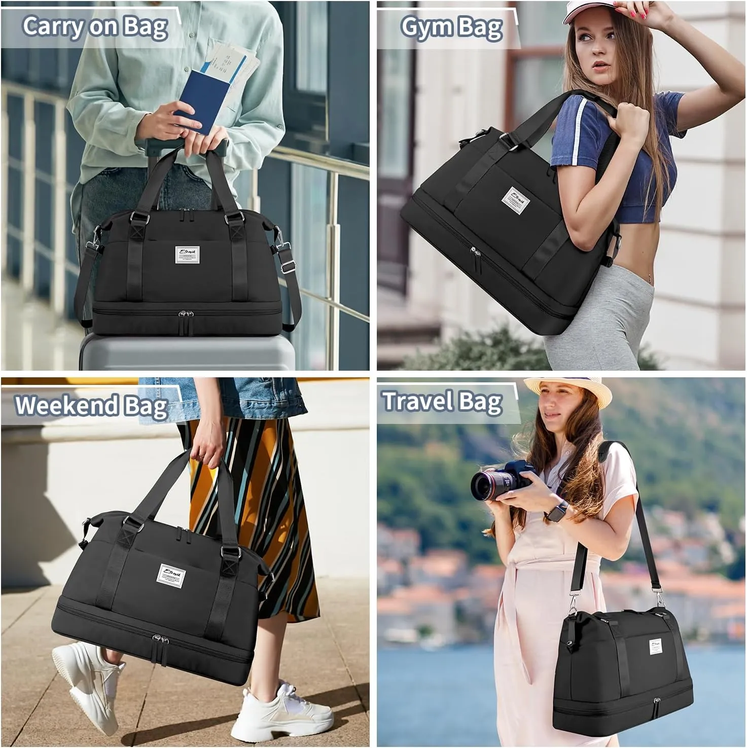 ETRONIK Weekender Bags for Women, Gym Bag with Shoes Compartment & Wet Pocket, Travel Duffel Bag with Trolley Sleeve for Personal Item Travel, Overnight Carry on Bag, Black