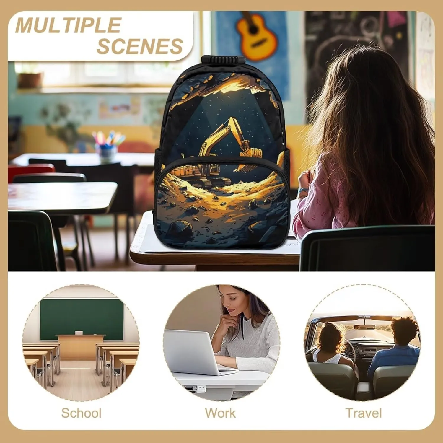 Excavator Backpack for Preschool Casual Shoulder Bag with Adjustable Strap for Kids Boys Polyester School Bag for Kindergarten Preschool Travel Hiking