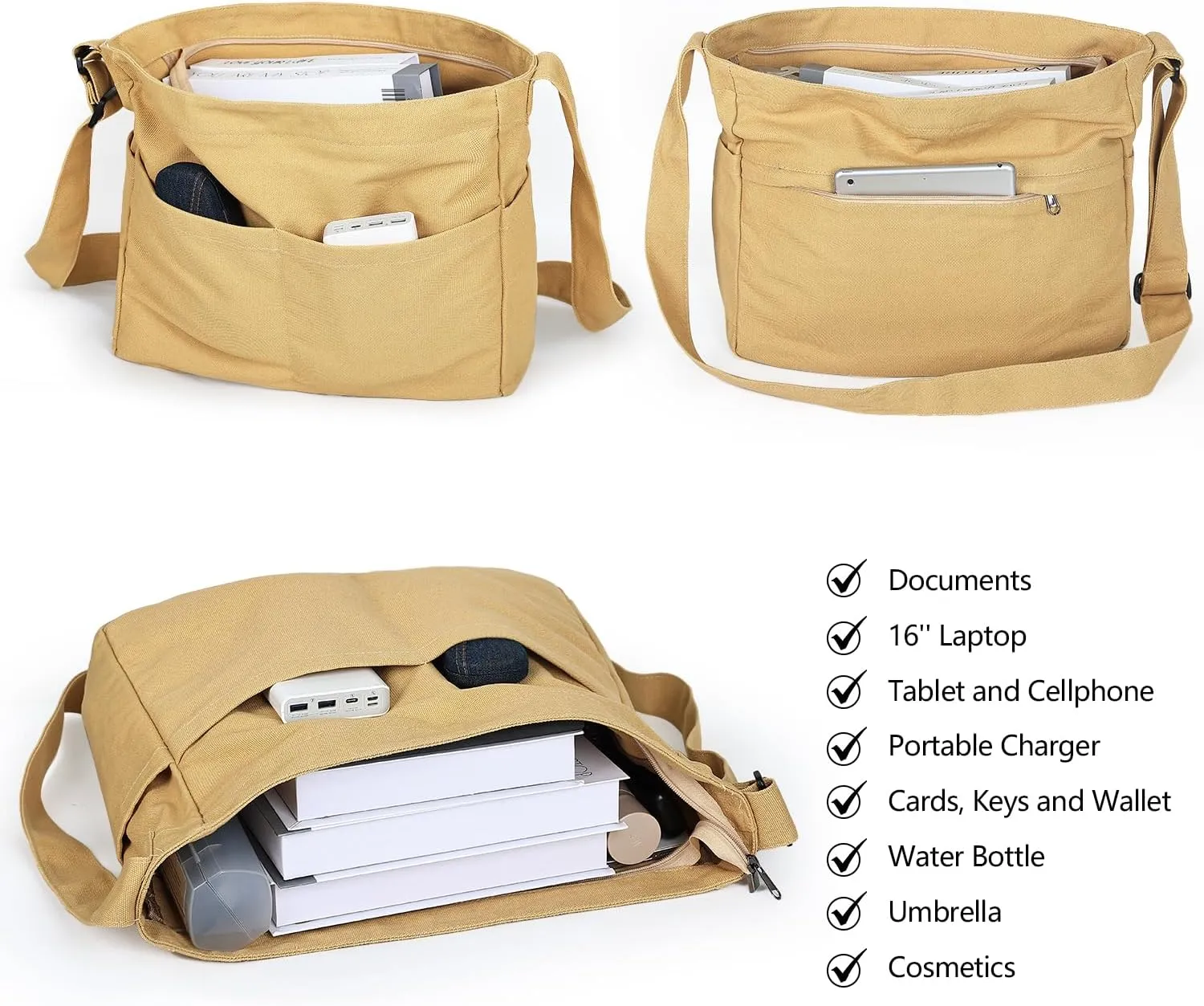 Extra Large Canvas Crossbody Tote Bag with Pockets for Women and Men, Shoulder Hobo Messenger Bags for Work and Travel
