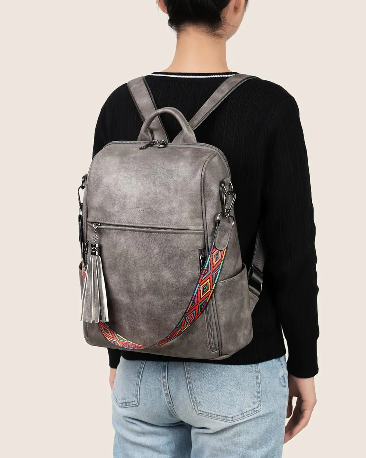 FADEON Leather Backpack Purse for Women Designer Travel Backpack Purses PU Fashion Ladies Shoulder Bag with Tassel