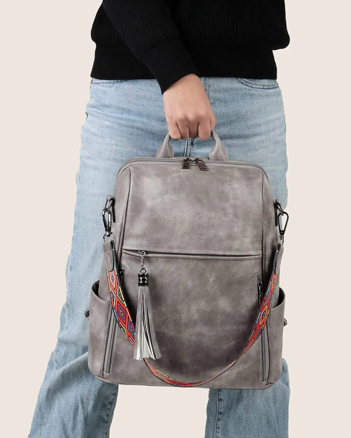 FADEON Leather Backpack Purse for Women Designer Travel Backpack Purses PU Fashion Ladies Shoulder Bag with Tassel