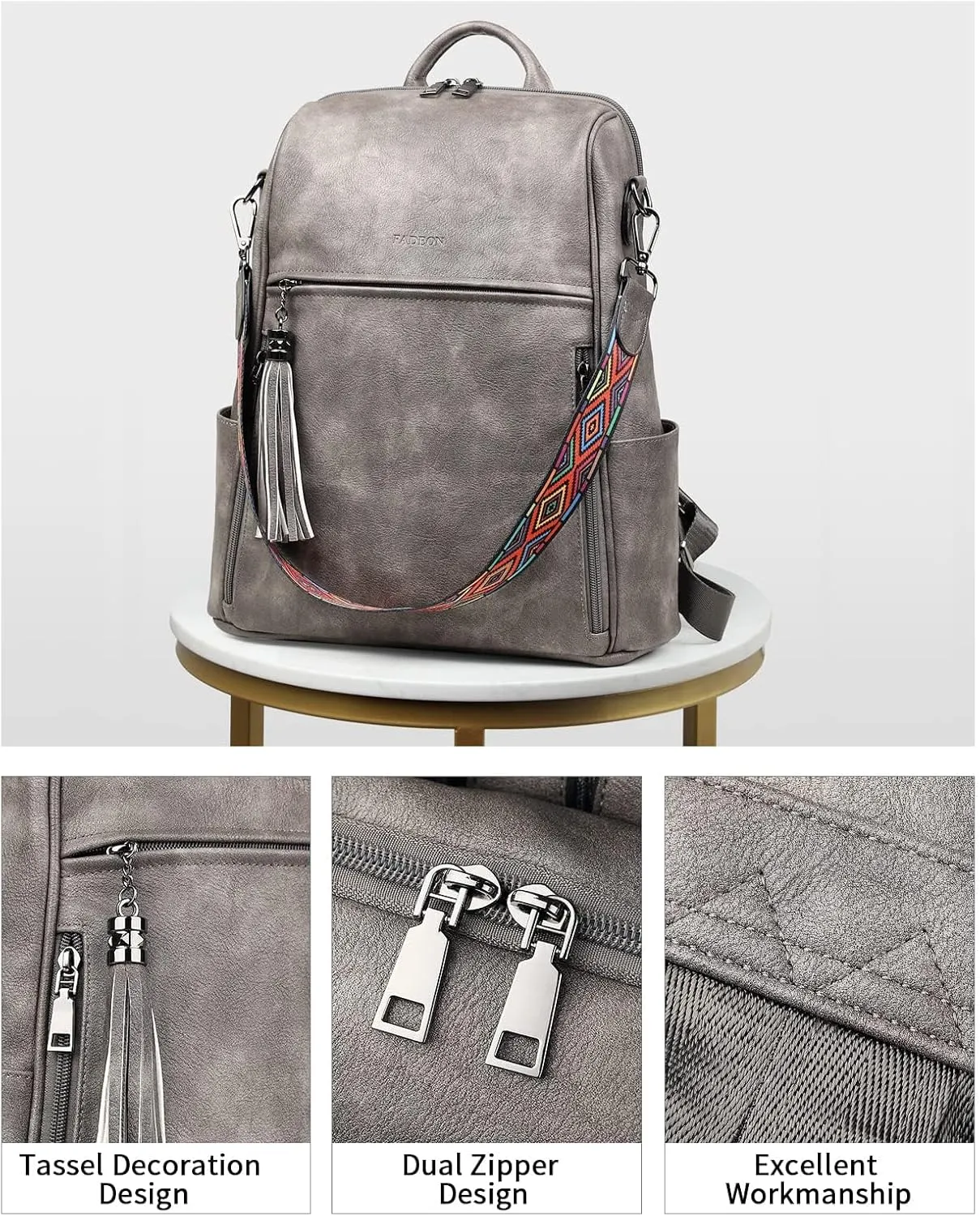 FADEON Leather Backpack Purse for Women Designer Travel Backpack Purses PU Fashion Ladies Shoulder Bag with Tassel