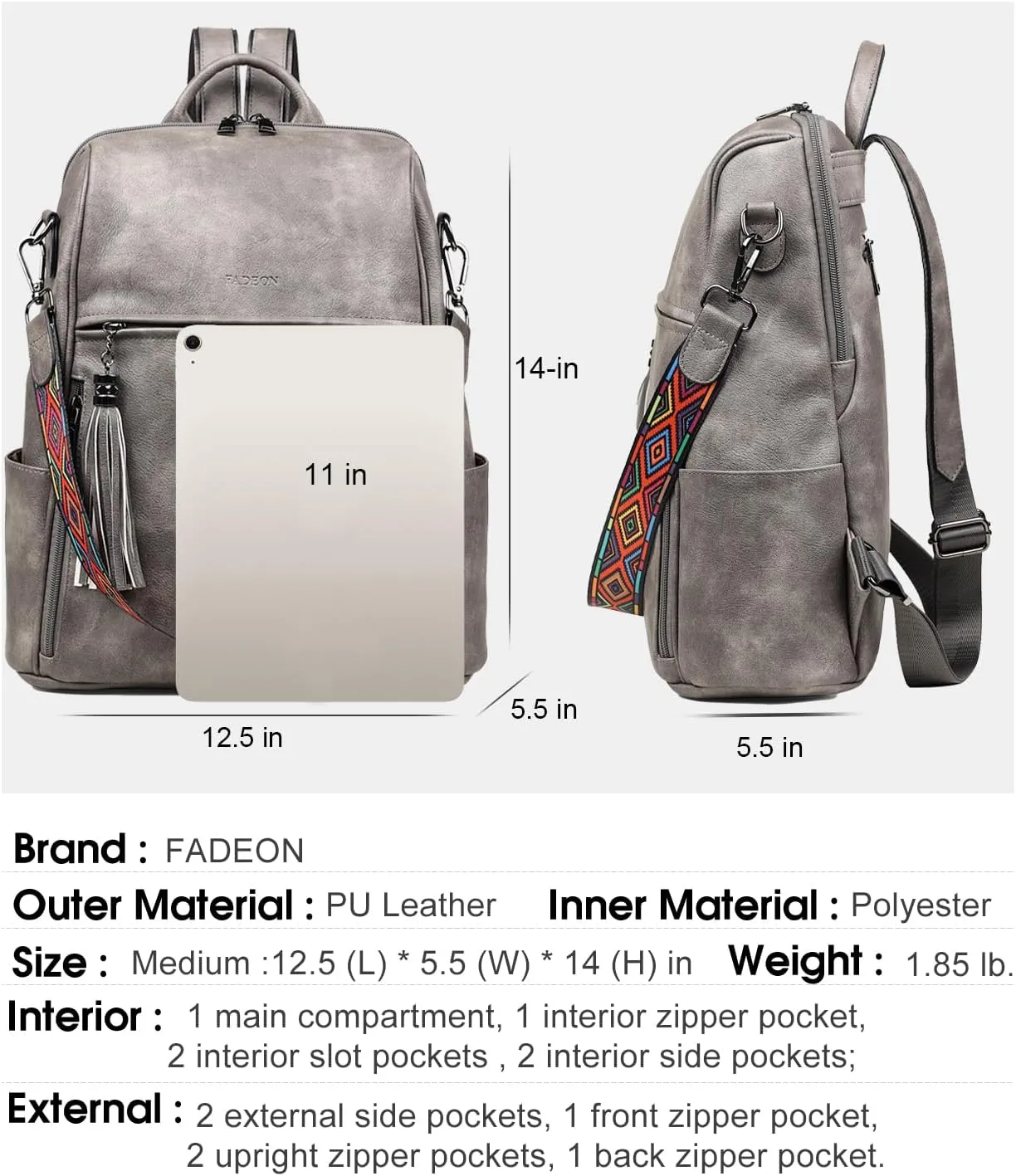 FADEON Leather Backpack Purse for Women Designer Travel Backpack Purses PU Fashion Ladies Shoulder Bag with Tassel