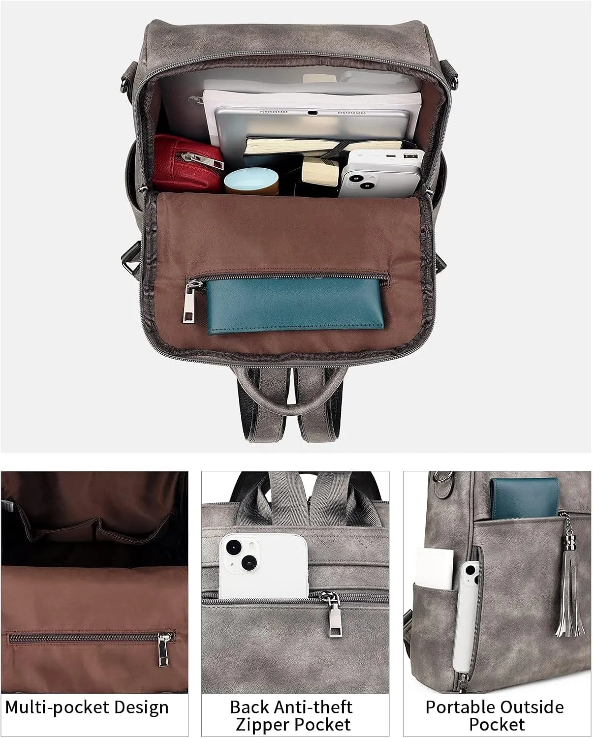 FADEON Leather Backpack Purse for Women Designer Travel Backpack Purses PU Fashion Ladies Shoulder Bag with Tassel