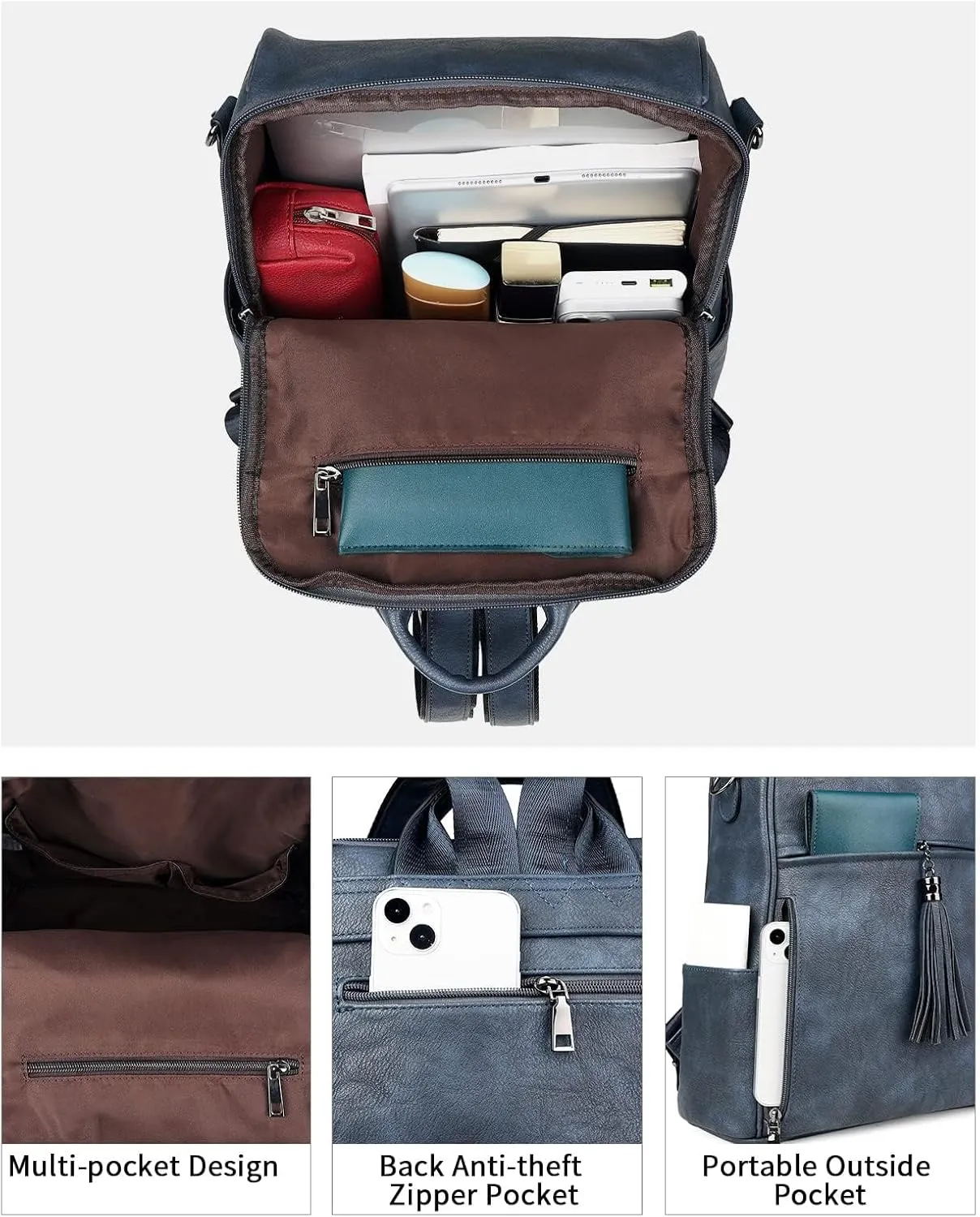 FADEON Leather Backpack Purse for Women Designer Travel Backpack Purses PU Fashion Ladies Shoulder Bag with Tassel