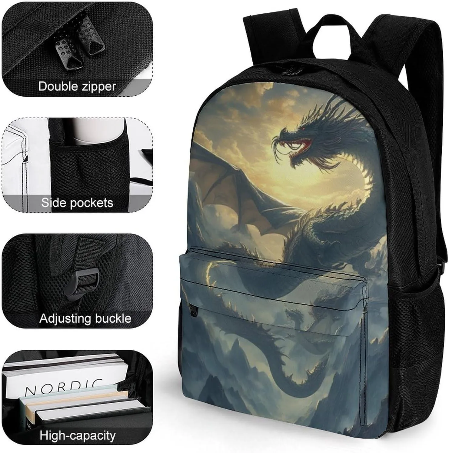 Fantasy Dragon Art Rucksacks Lightweight Multipurpose Anti-Theft Shoulder Bag Large Capacity Business Computer Bag With Smooth Zippers