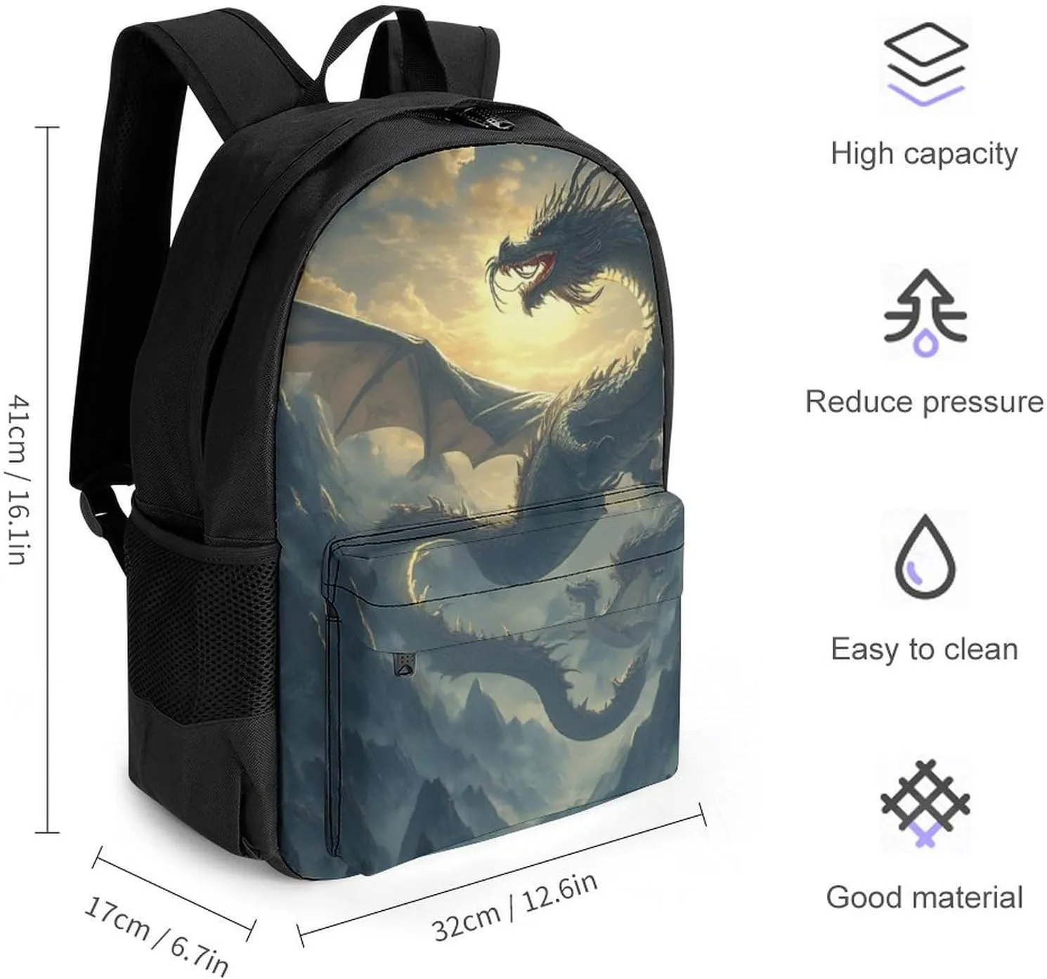 Fantasy Dragon Art Rucksacks Lightweight Multipurpose Anti-Theft Shoulder Bag Large Capacity Business Computer Bag With Smooth Zippers