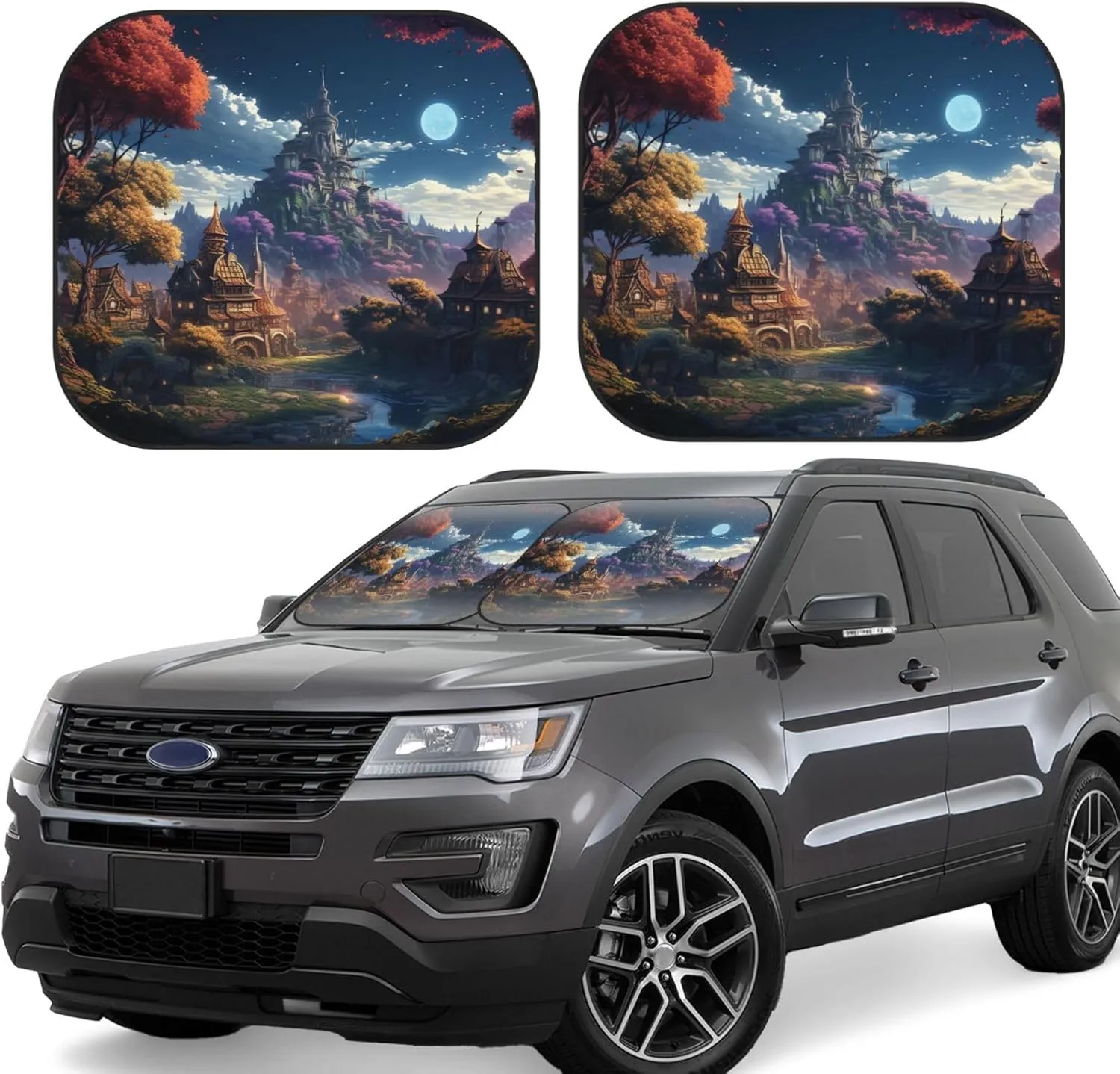 Fantasy Town Windshield Sun Shade 2 PCS Foldable Car Front Window Sunshade for Sun, Heat and UV Rays Auto Sun Blocker Visor Protector with Storage Bag for Cars, SUVs Medium