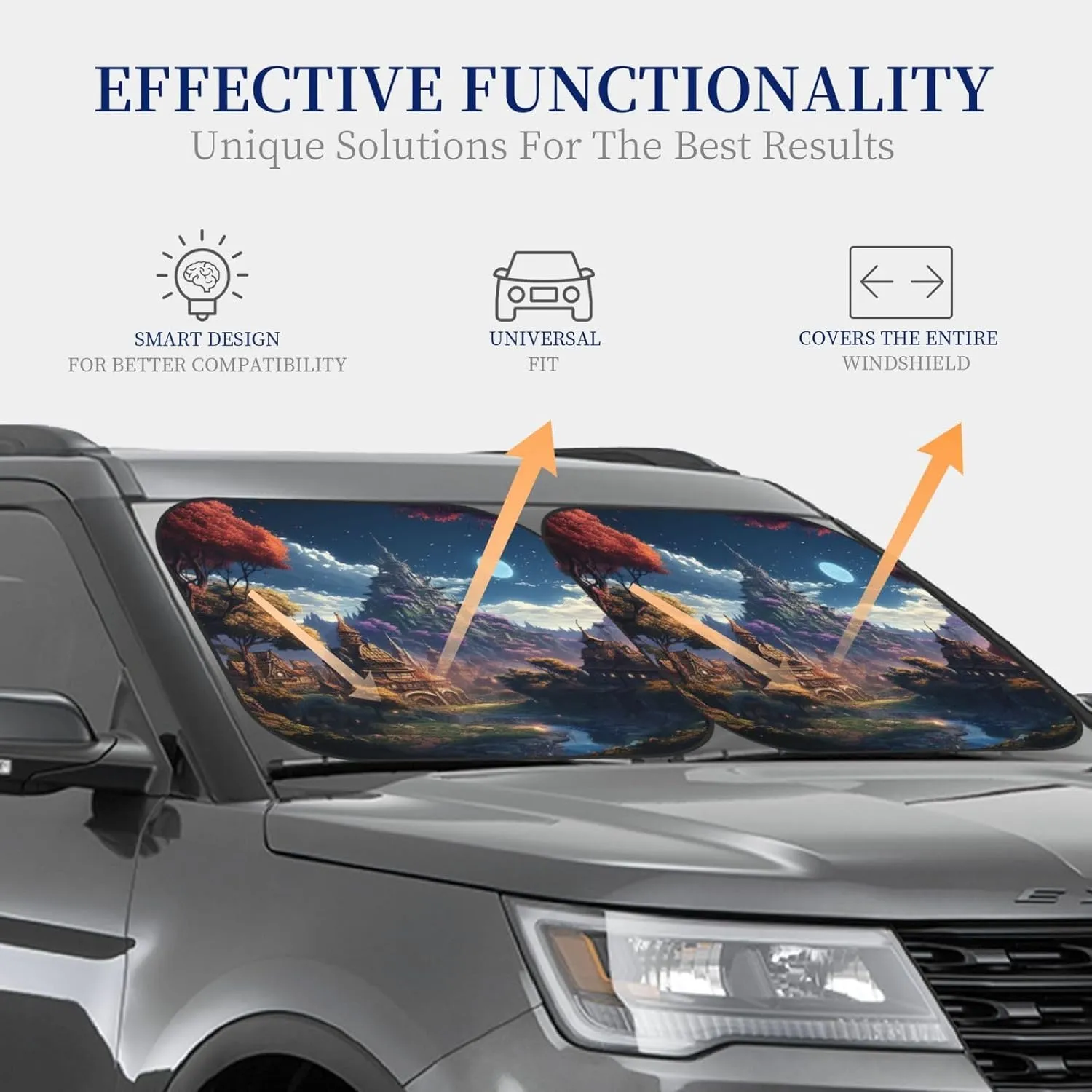 Fantasy Town Windshield Sun Shade 2 PCS Foldable Car Front Window Sunshade for Sun, Heat and UV Rays Auto Sun Blocker Visor Protector with Storage Bag for Cars, SUVs Medium